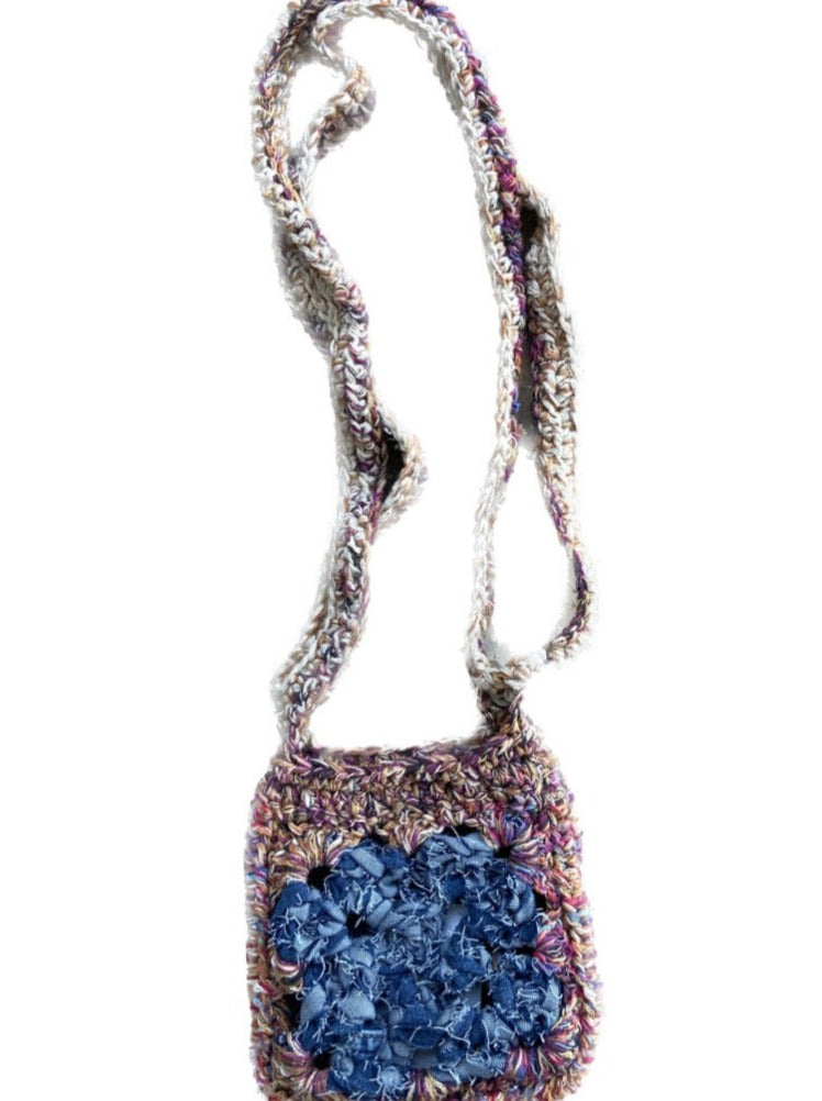 pink purple multi handmade upcycled denim crochet crossbody bag