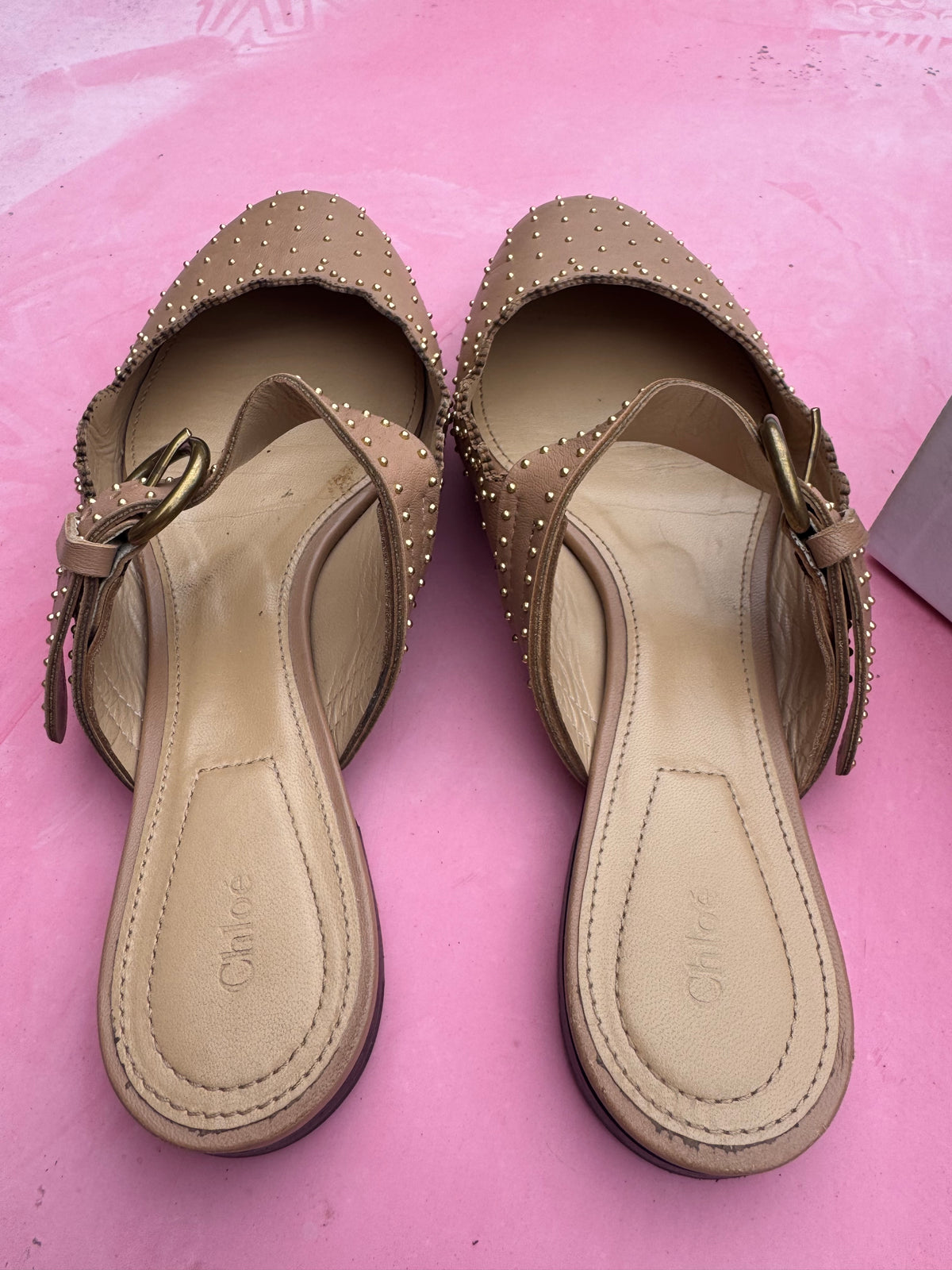 tan gold chloe studded slip on mary jane flats, 36.5