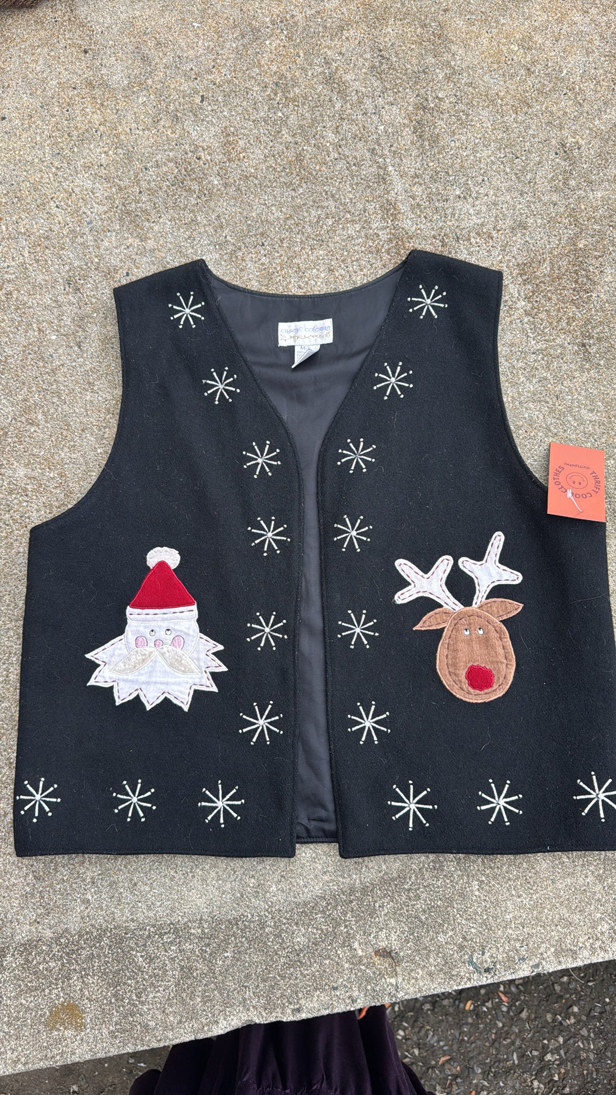 black casey coleman vtg wool santa vest, m/l