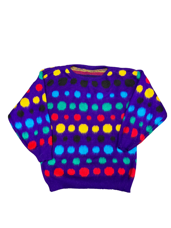 purple multi fuzzy polka dot sweater, m