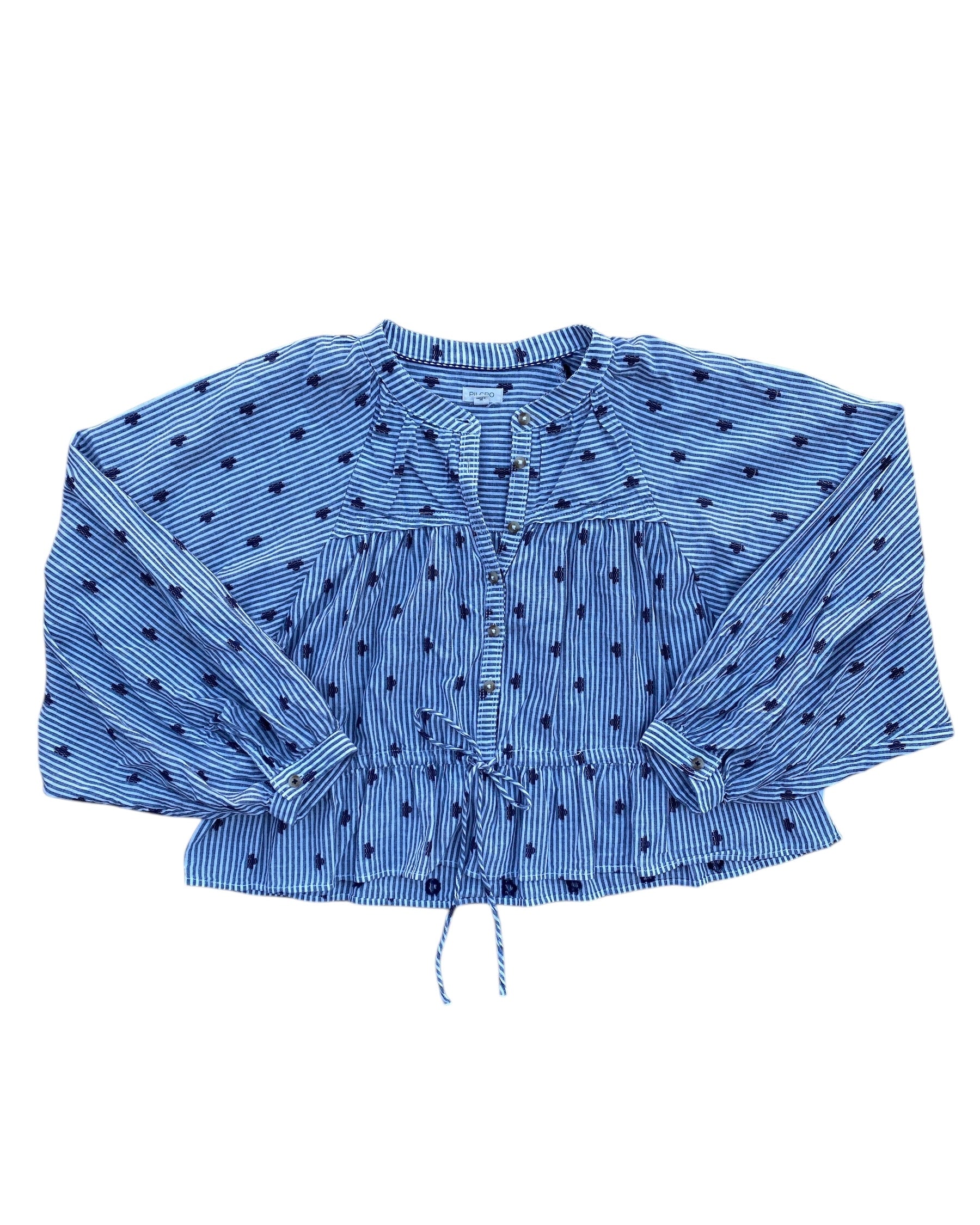 blue white pilcro striped embroider button top, m