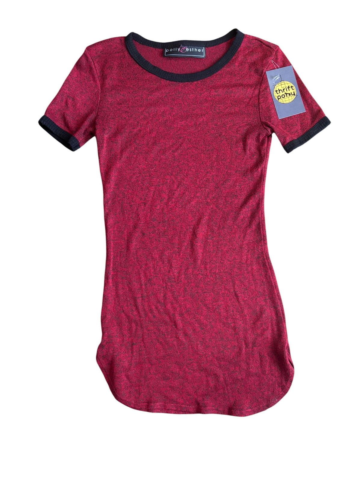 red black polly esther ringer top, s