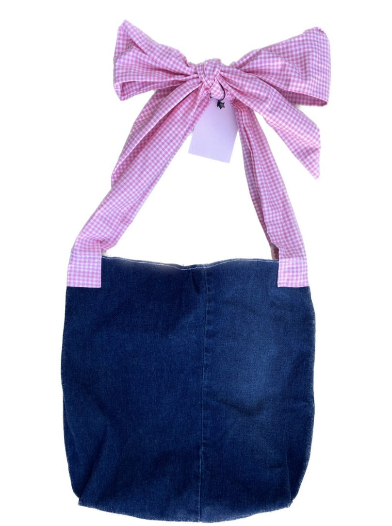 handmade upcycled gingham bow denim tote