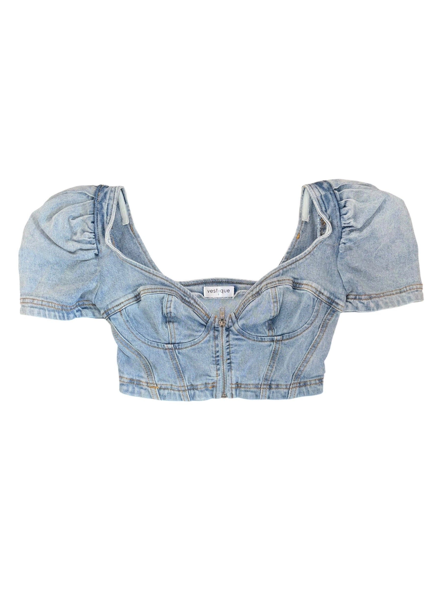 Blue Vestique Denim puffer sleeve zip up top, S