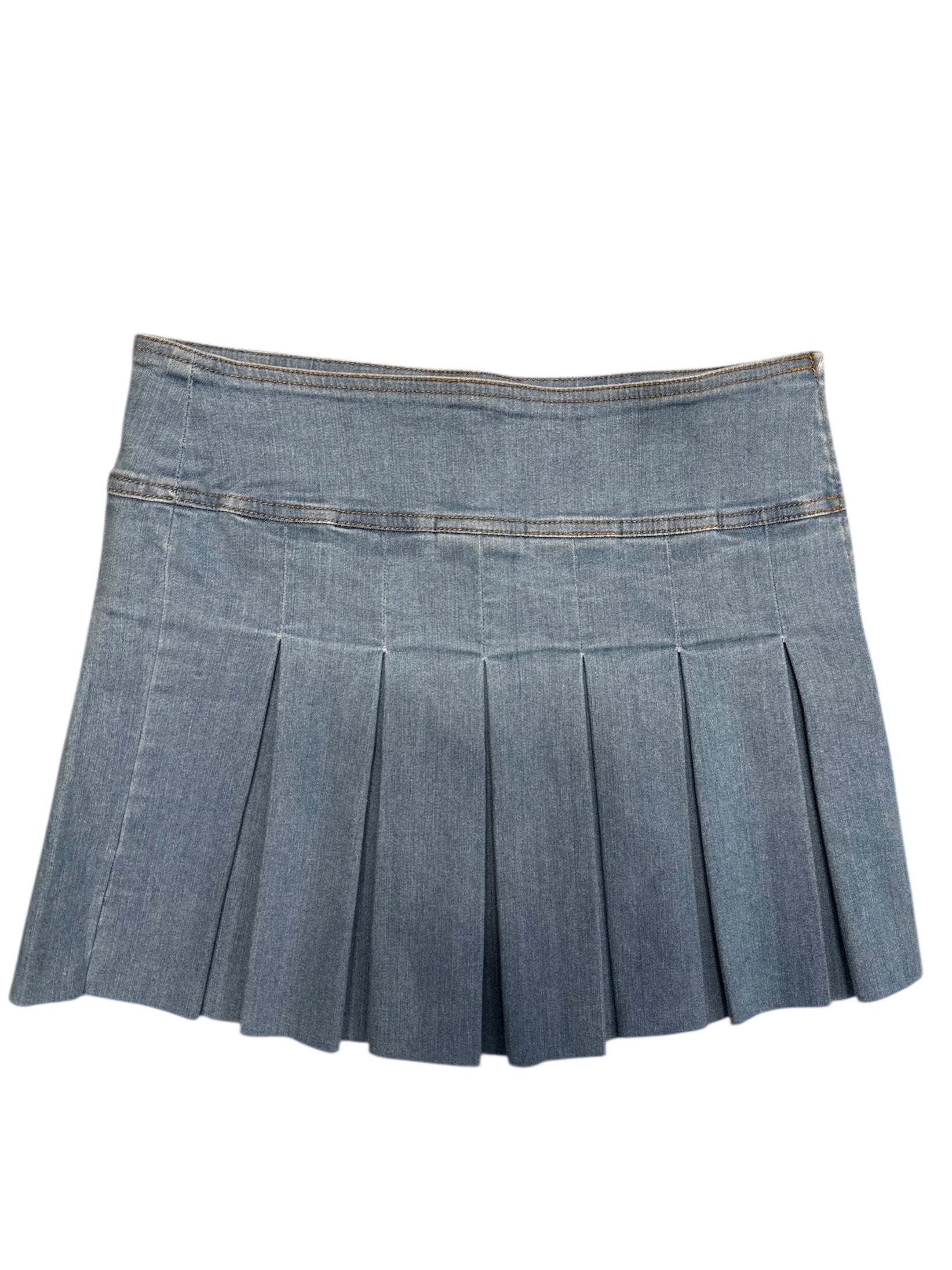 blue labijou denim pleated dropwaist mini skirt, m