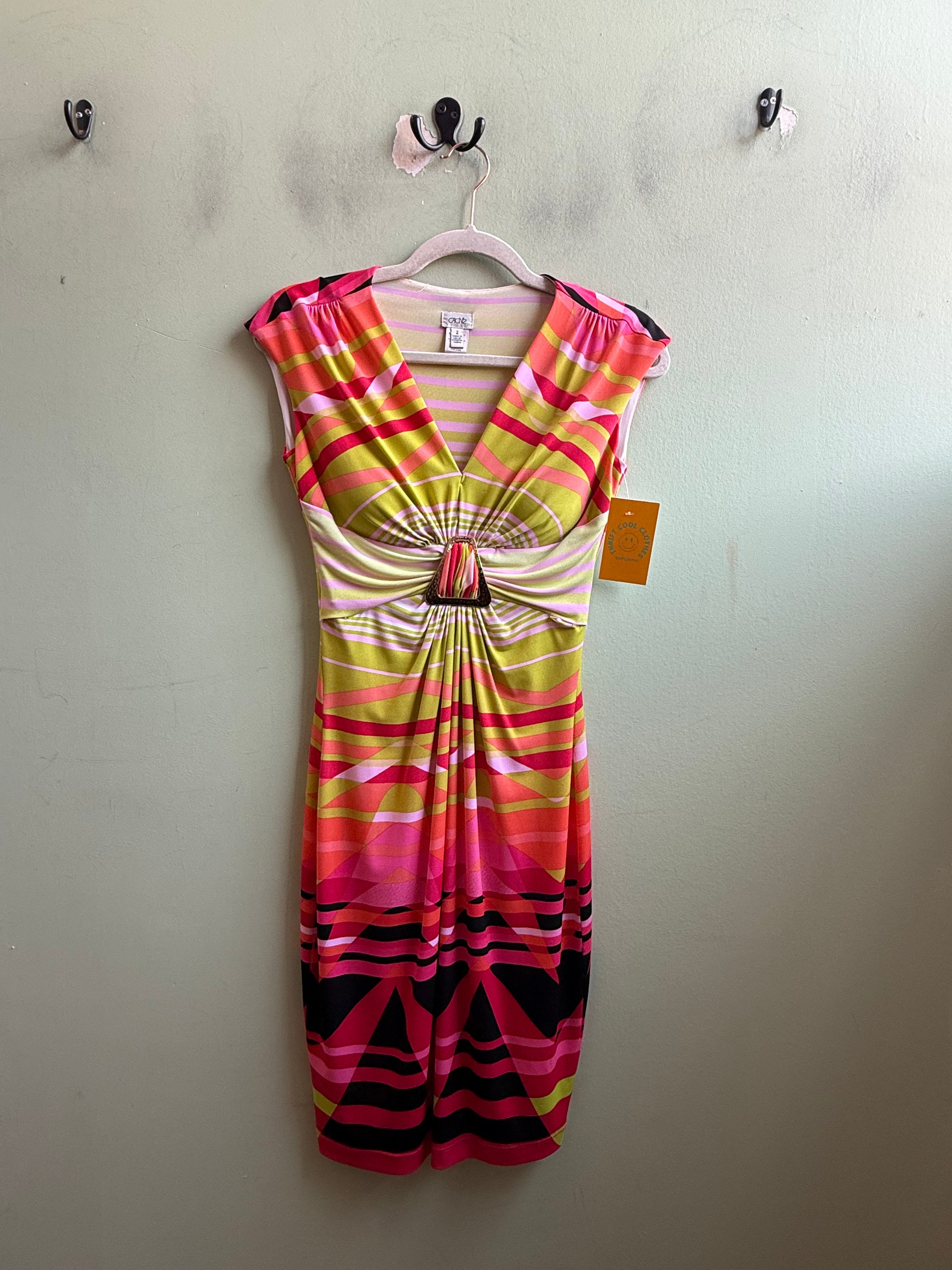 green pink cache bright striped buckle front dress, 2