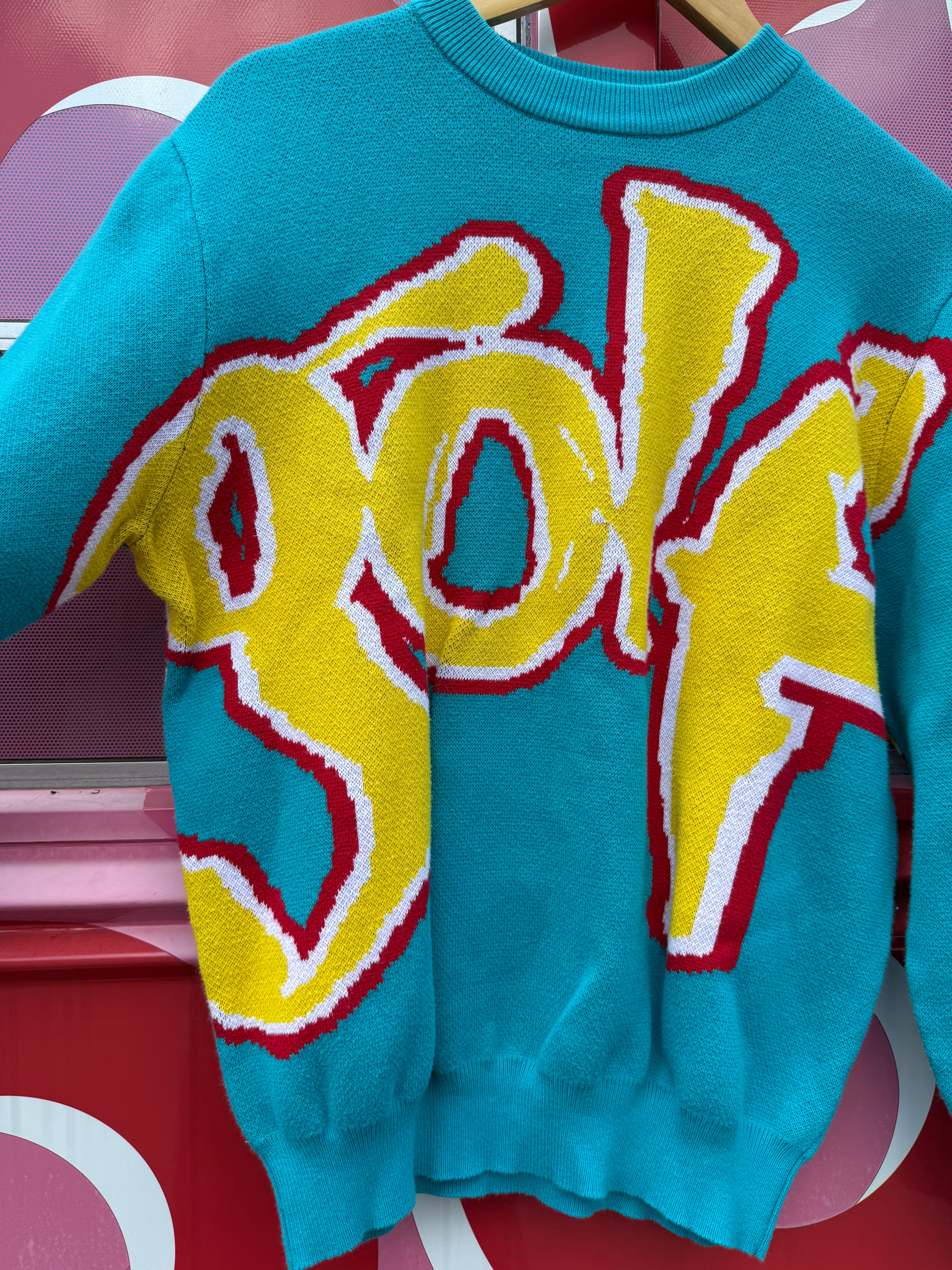 teal yellow red golf branded sweater, s