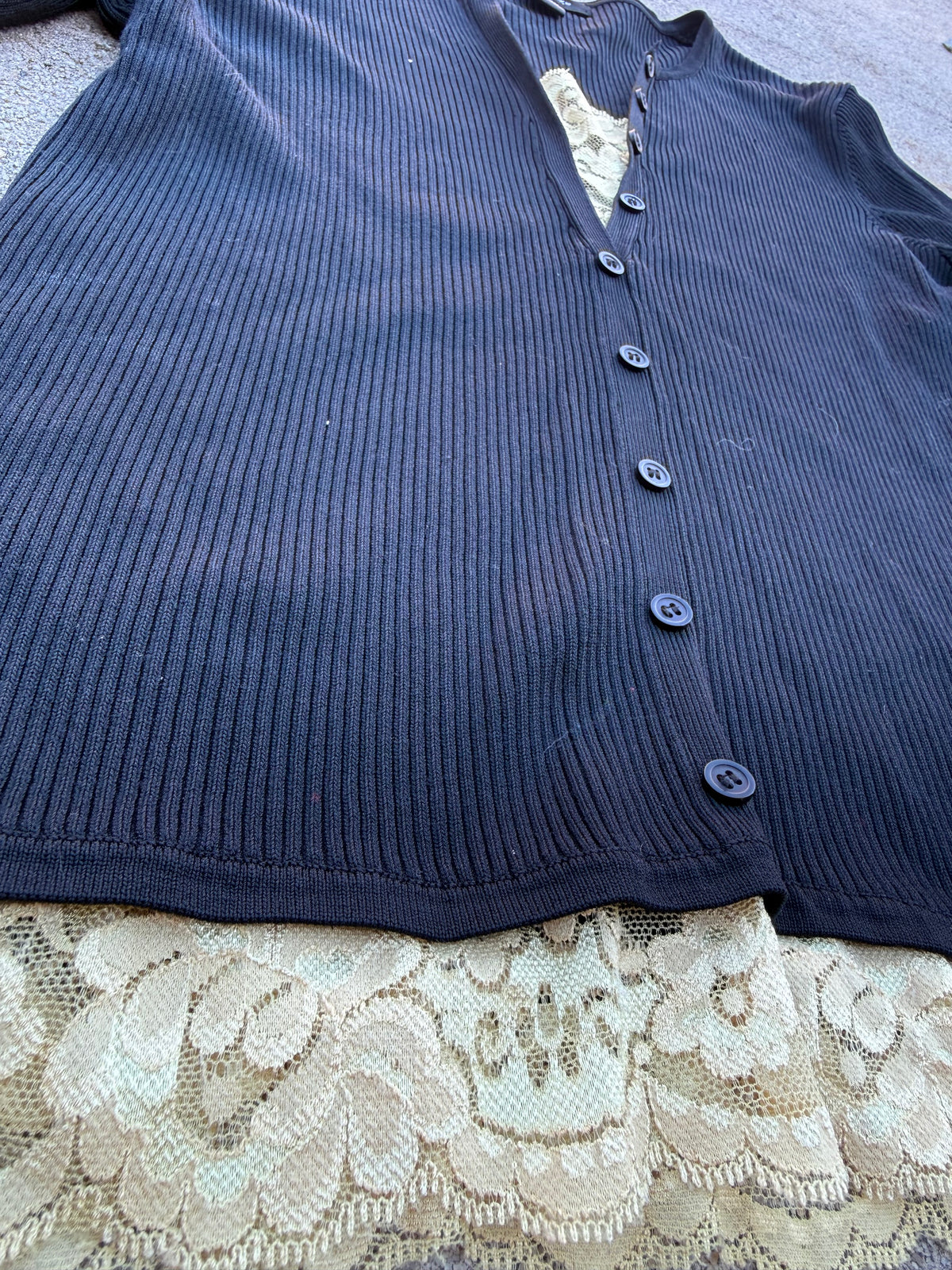 black august silk ribbed henley lace underlay top, M