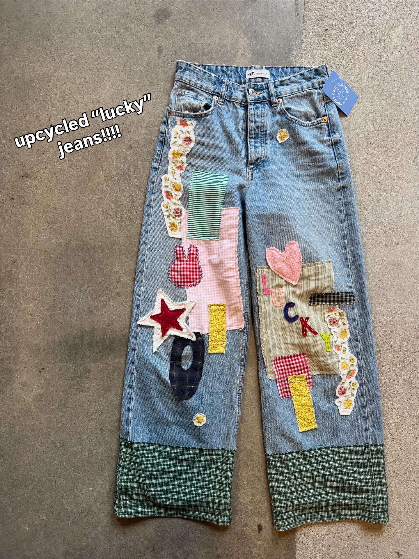 Blue pink green Zara Patchwork lucky jeans, 2