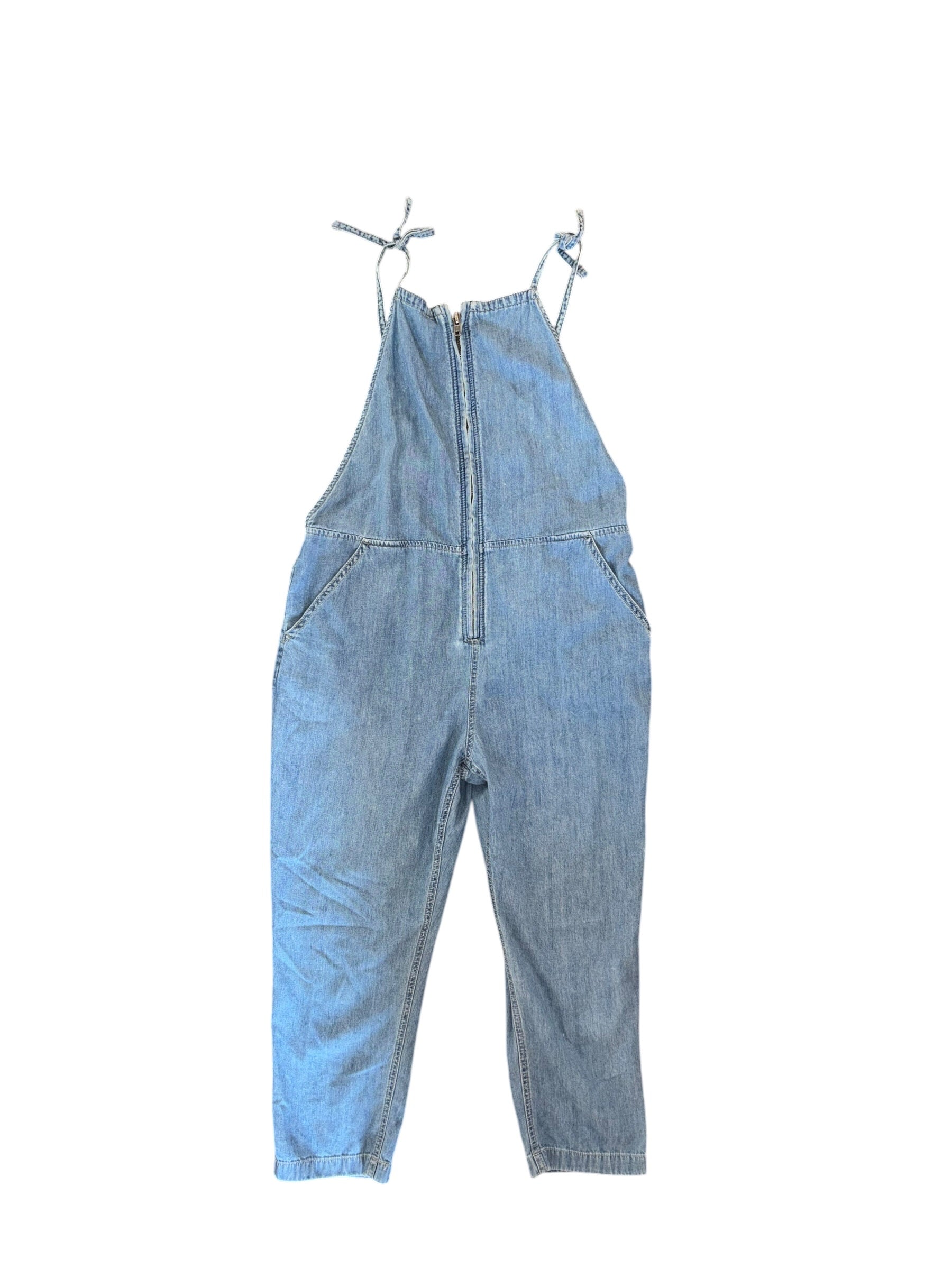 blue free people chambray overalls w zipper, m