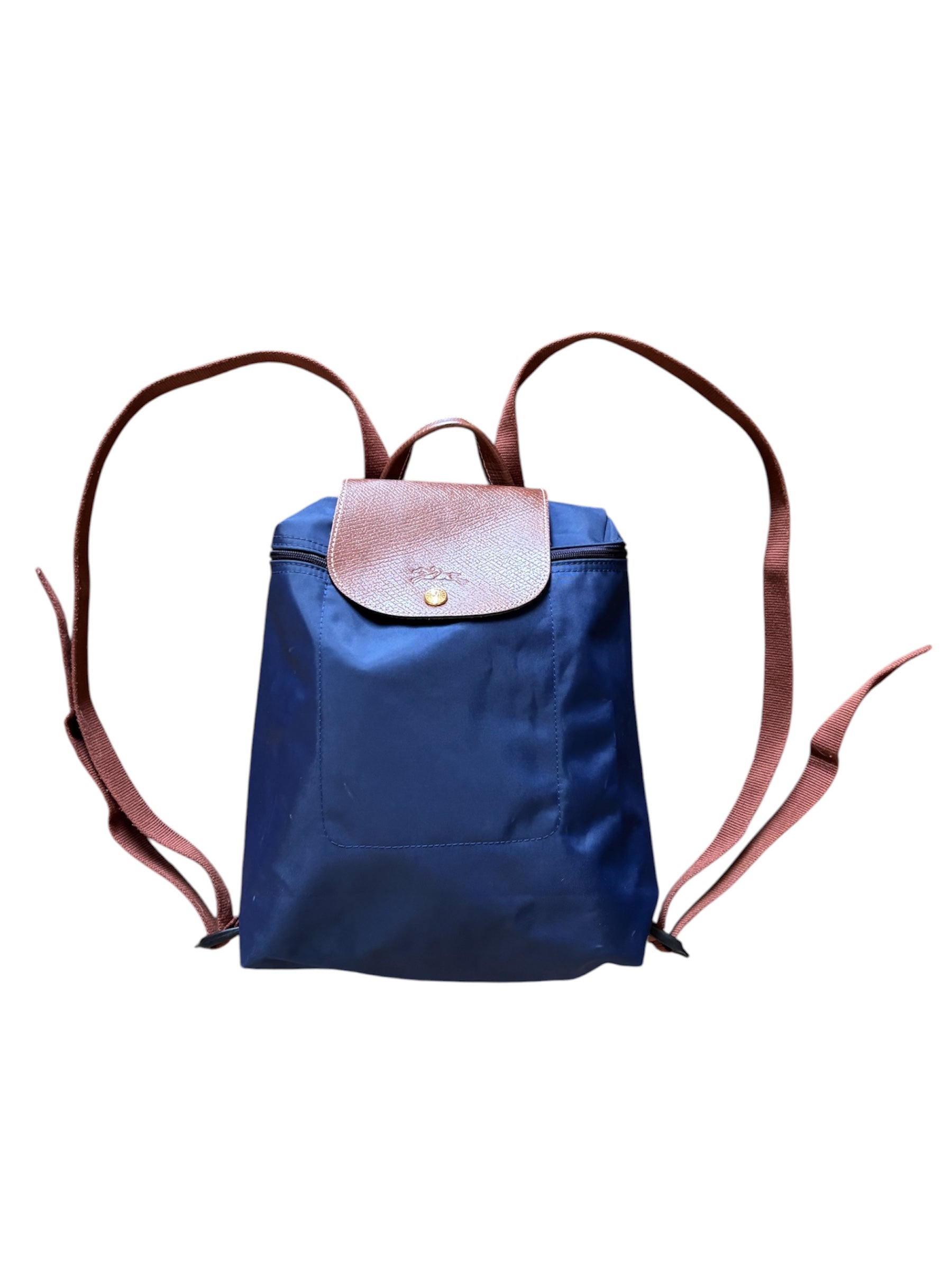 navy brown longchamp branded backpack