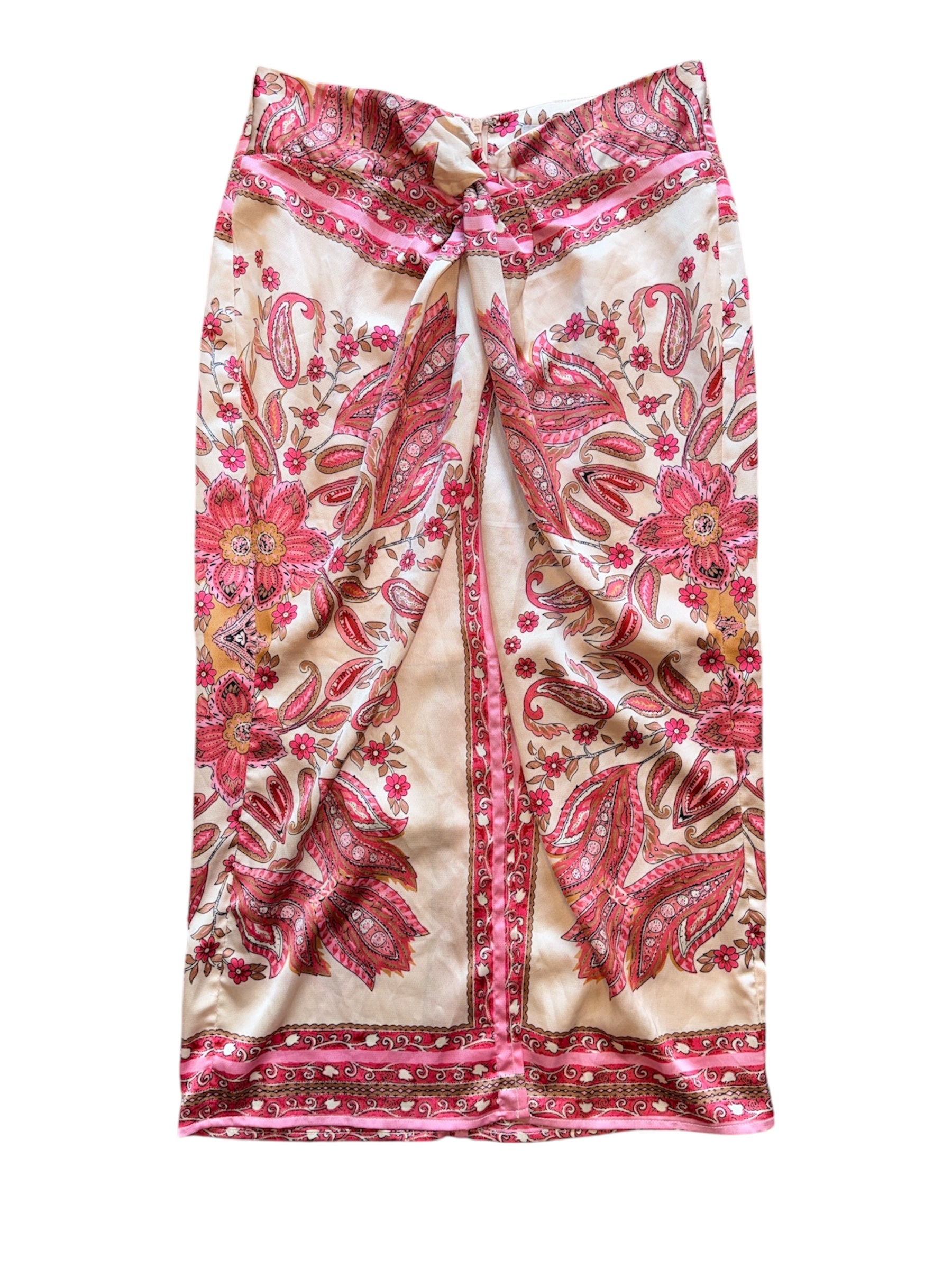 pink beige fate satin patterned twist midi skirt, m