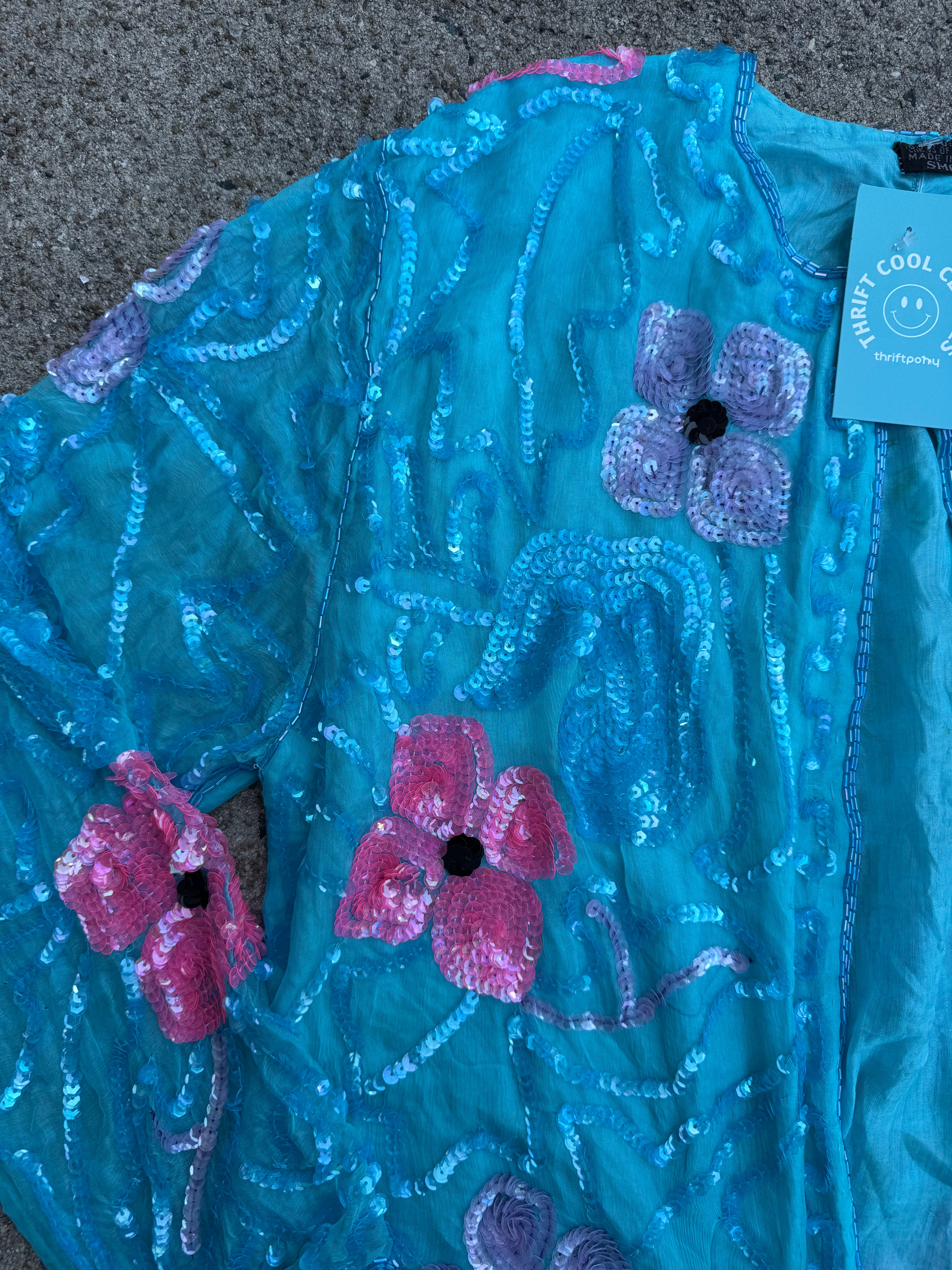 blue sequin flower cardigan, s