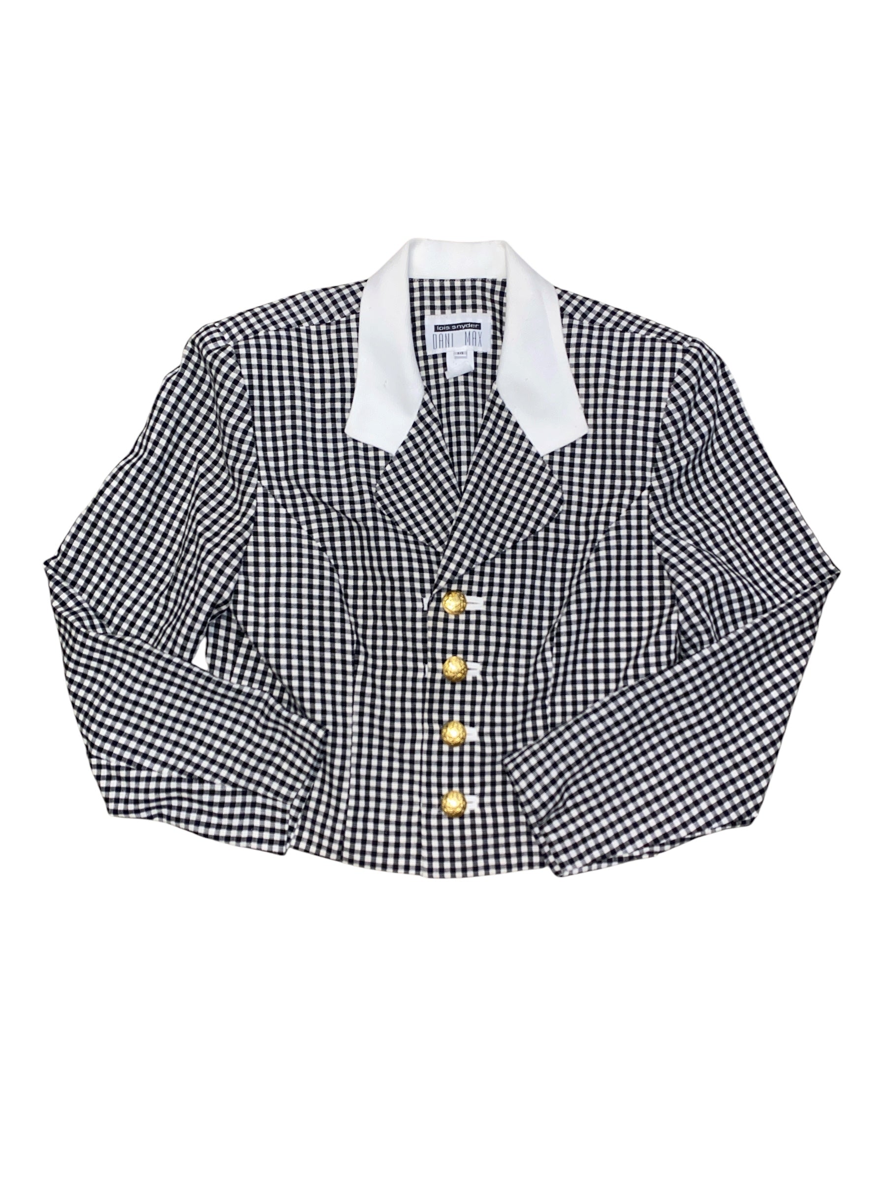 Black and white Dani Max Vintage plaid blazer w gold buttons, 14