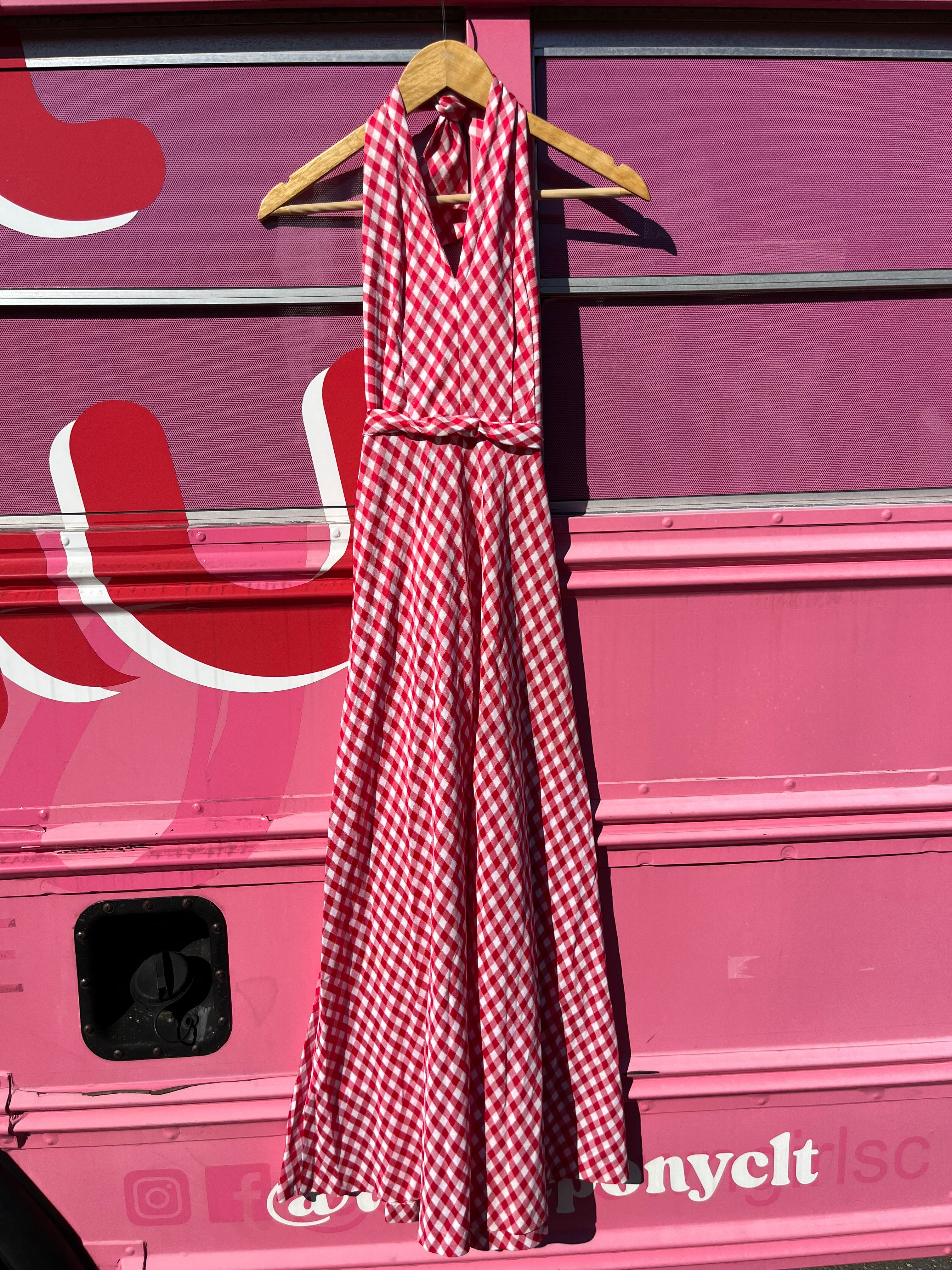 red white vtg gingham jumpsuit, xs