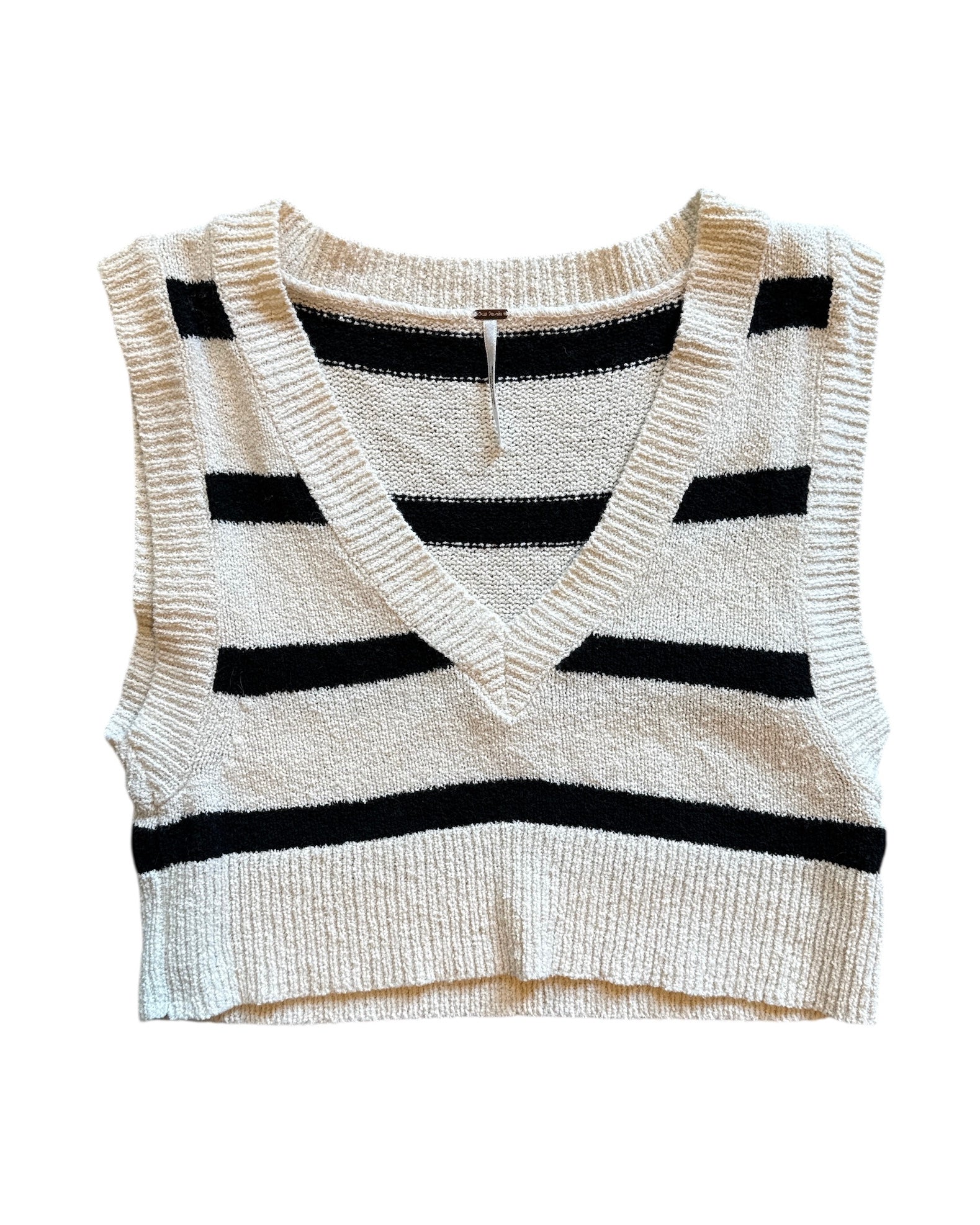 cream black free people cropped stripe v neck sweater top, xs