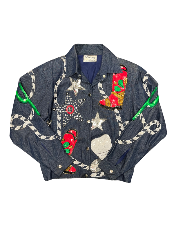 blue red white Felicity by Harrison Morgan sequin pony core denim button up, L