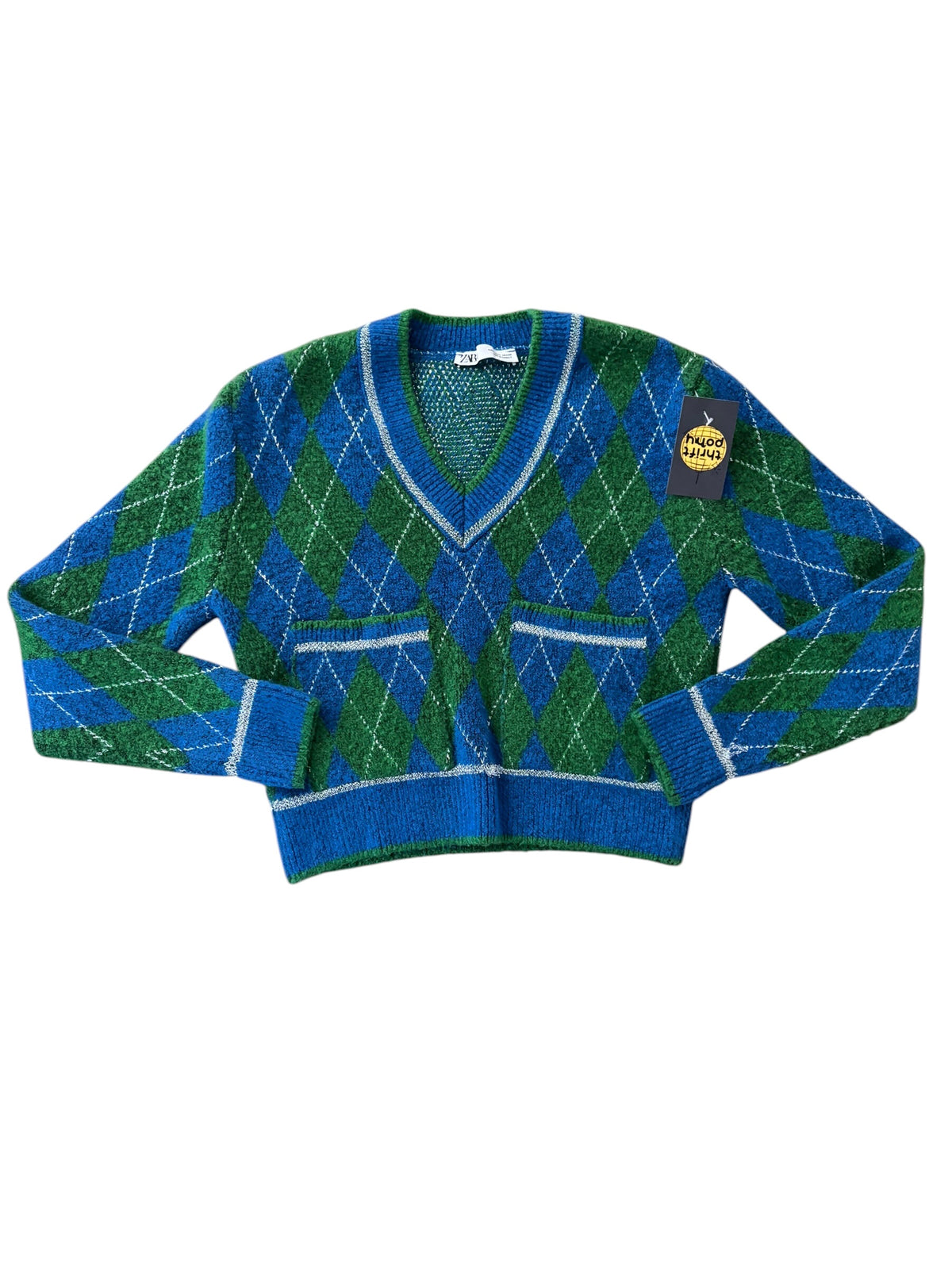 green blue zara argyle sweater, L