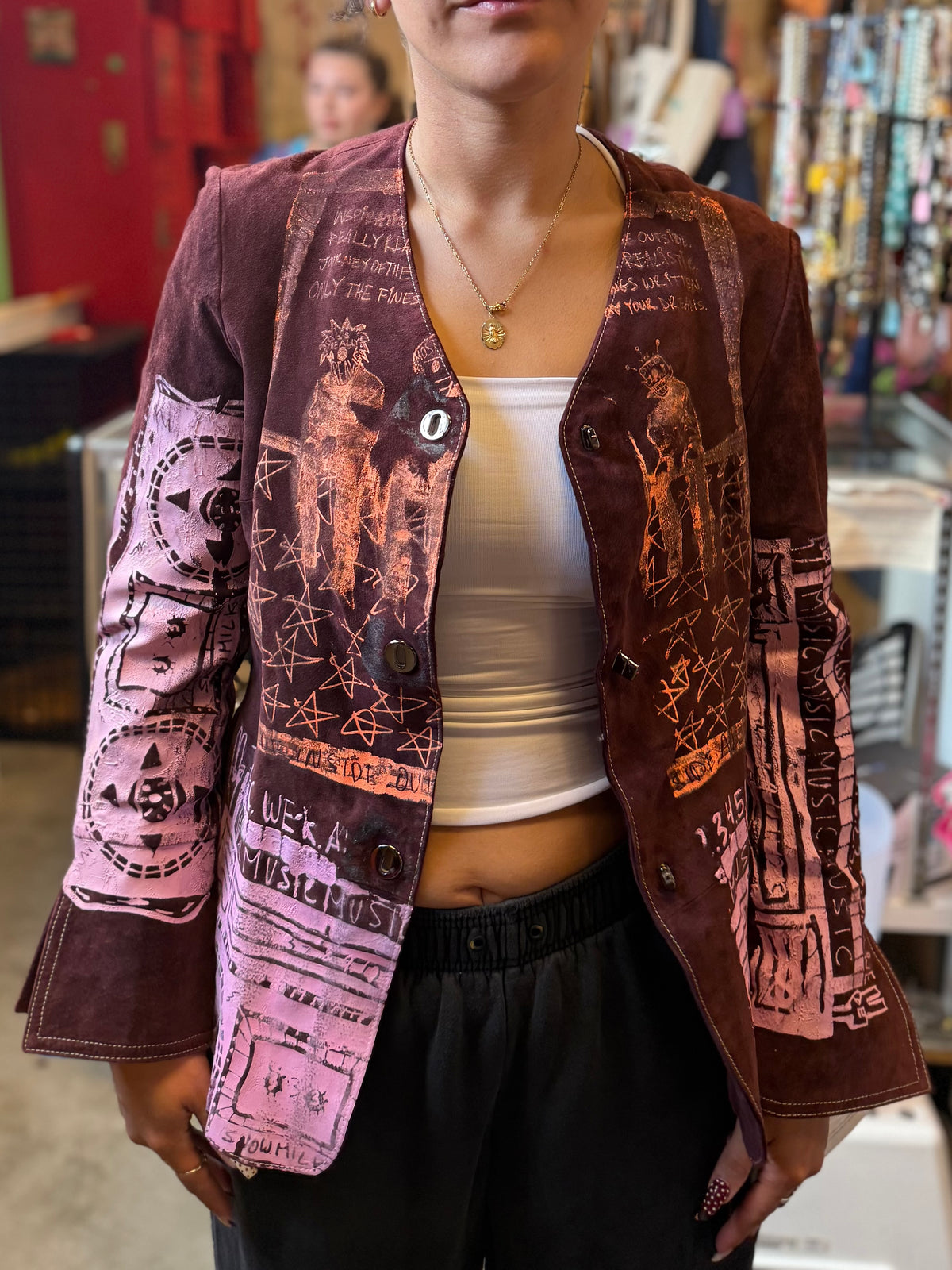 maroon jerry lewis DEADSTOCK screen printed leather jacket, xs