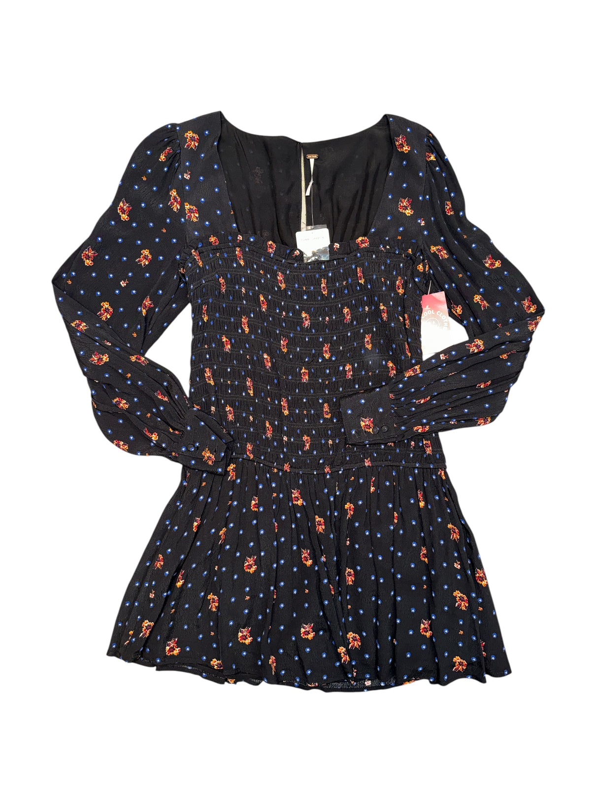 Black Free People Floral cinched top ls dress, S