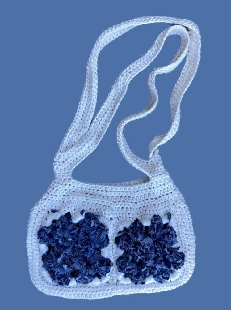 white blue handmade upcycled denim crochet shoulder bag