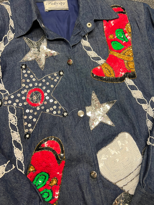 blue red white Felicity by Harrison Morgan sequin pony core denim button up, L
