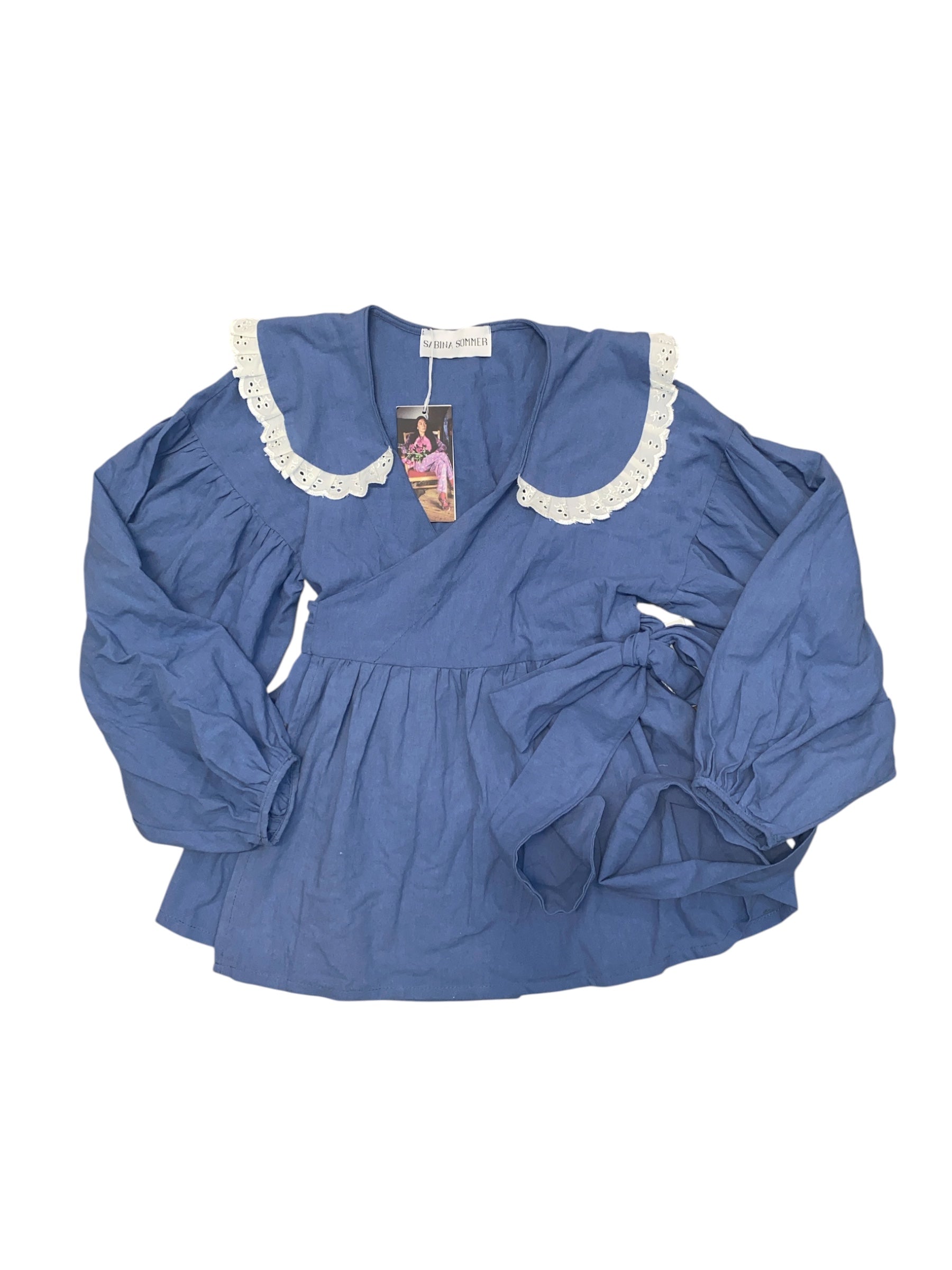 blue white sabina sommer wrap tie ls collared frill top, s