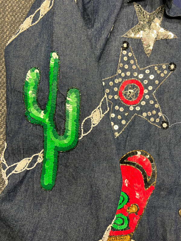 blue red white Felicity by Harrison Morgan sequin pony core denim button up, L