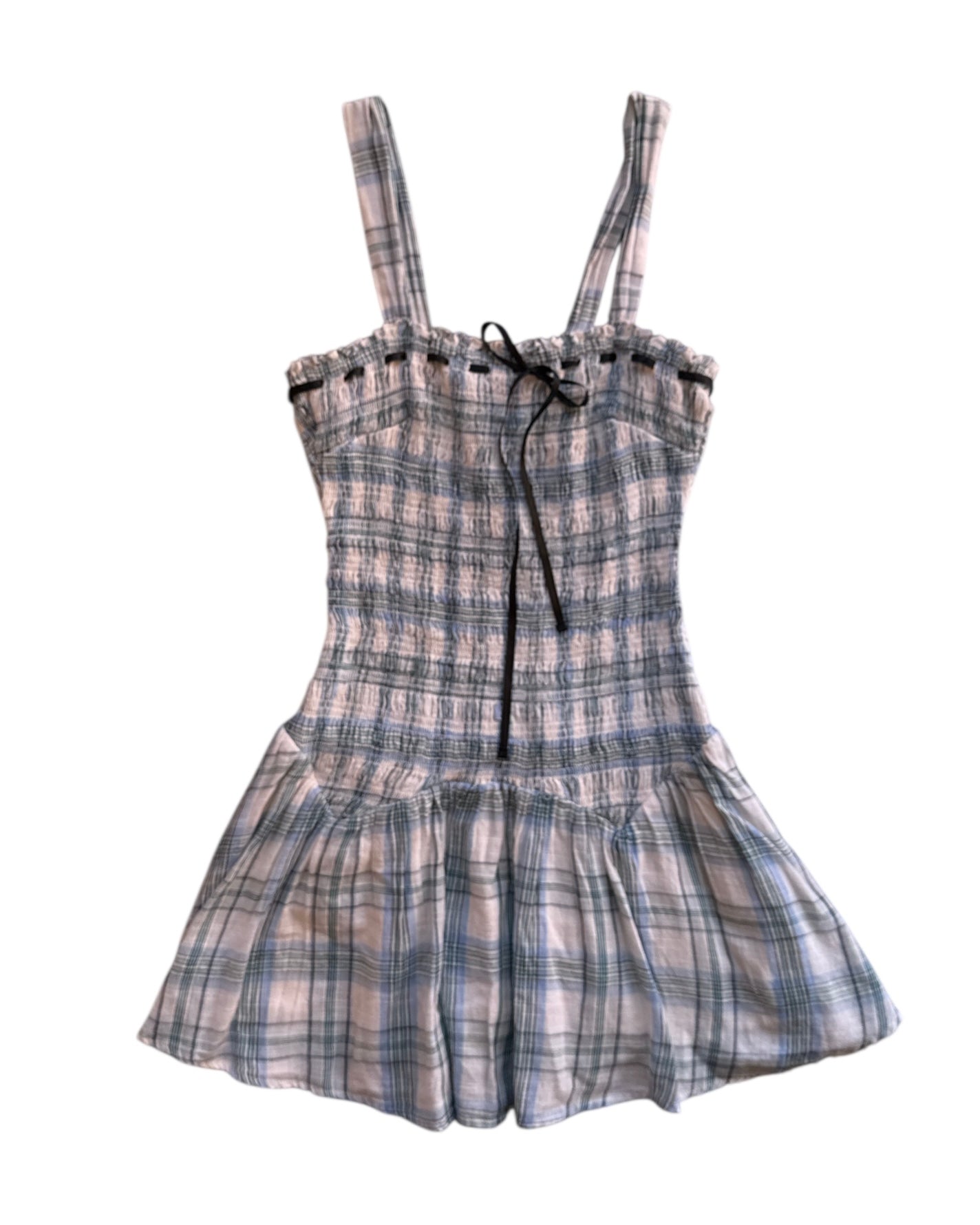 black white blue teal kimchi blue gingham smocked mini dress, s