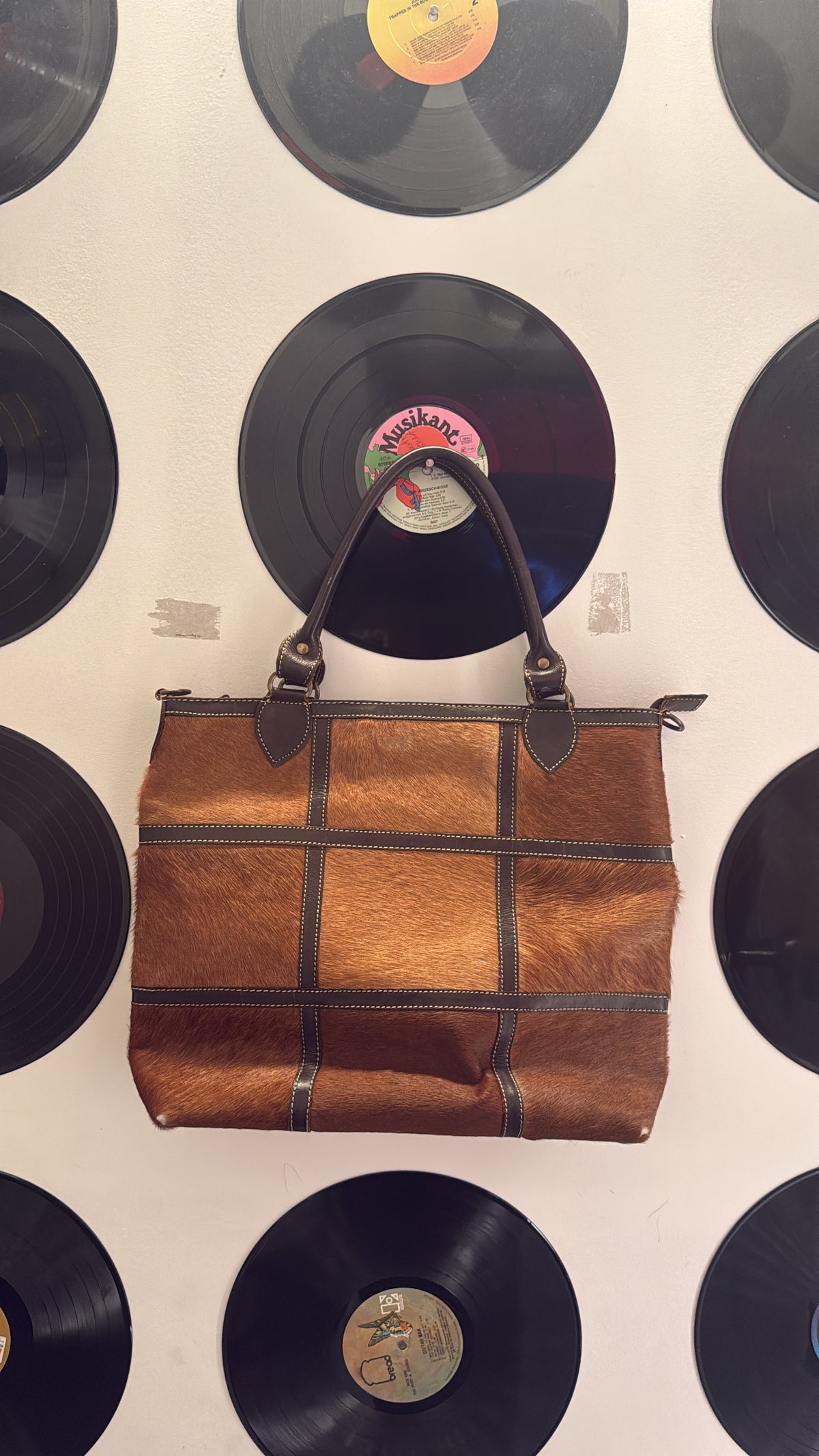 brown cowhide patchwork tote