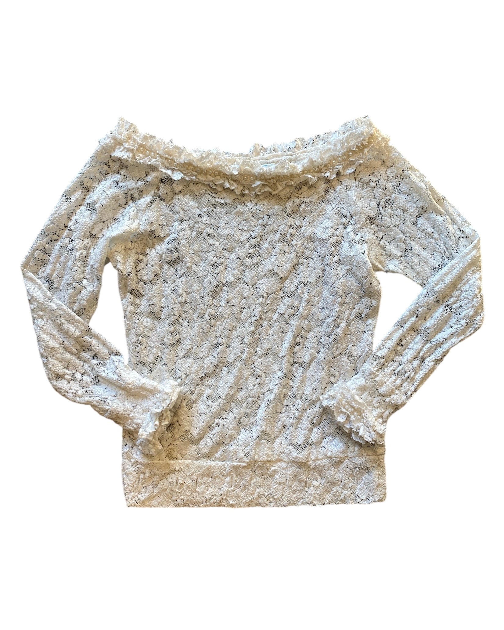 whtie maje lace boat neck top w pearl edge