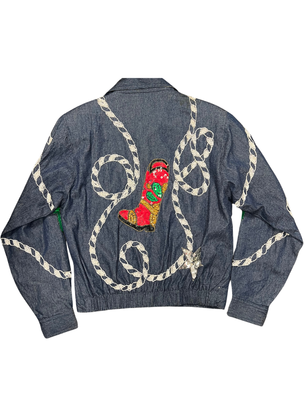 blue red white Felicity by Harrison Morgan sequin pony core denim button up, L