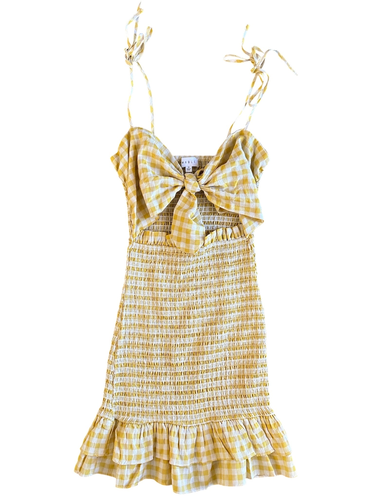 yellow white mable gingham cut out smocked cami mini dress, m