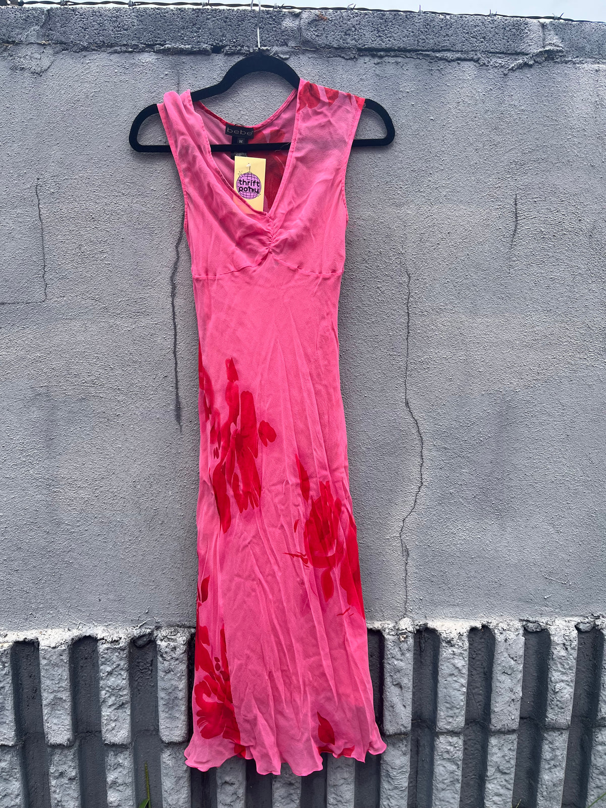 red pink bebe 100% silk vtg floral midi dress, m