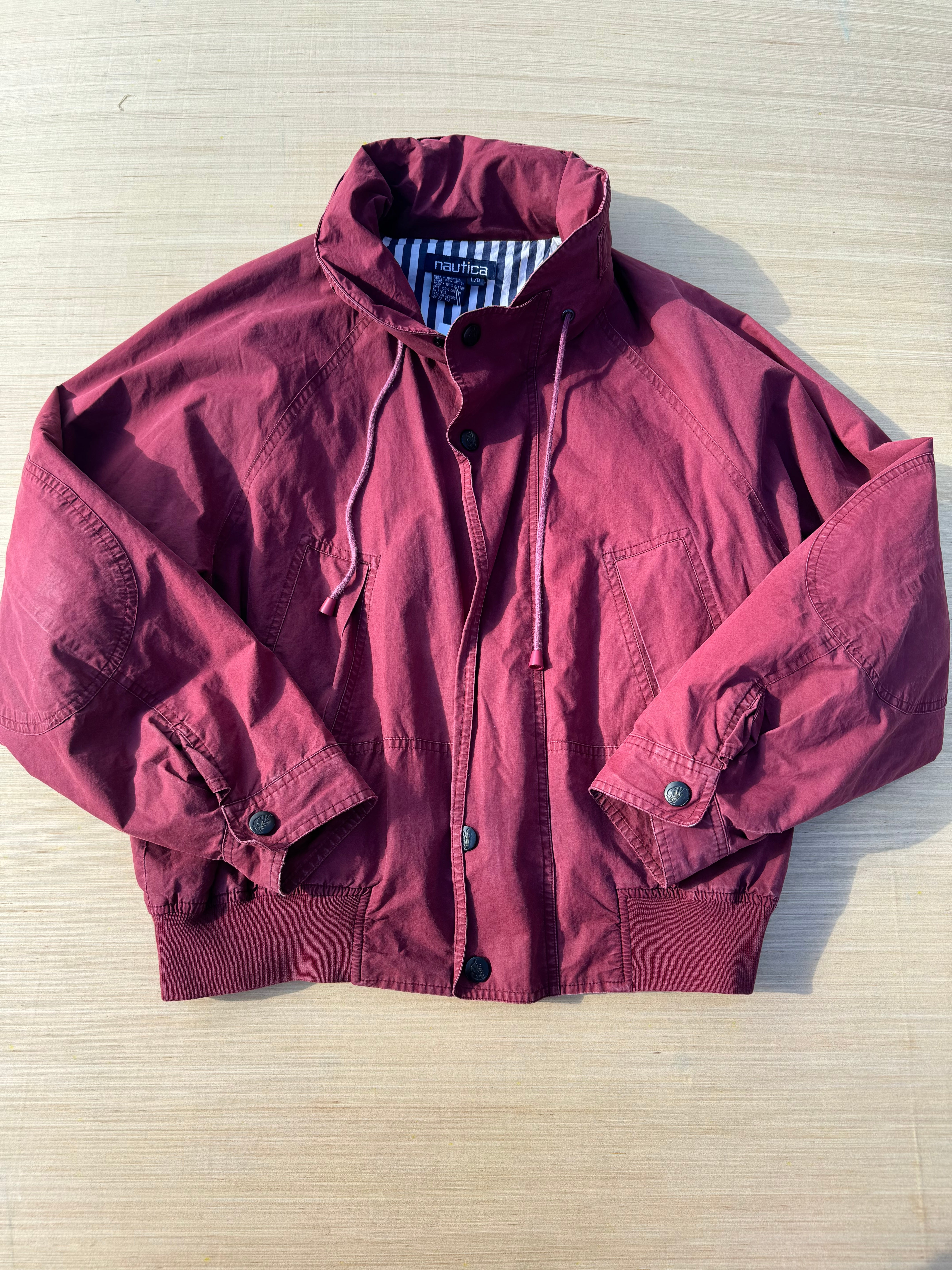 navy white maroon nautica striped reversible bomber, L