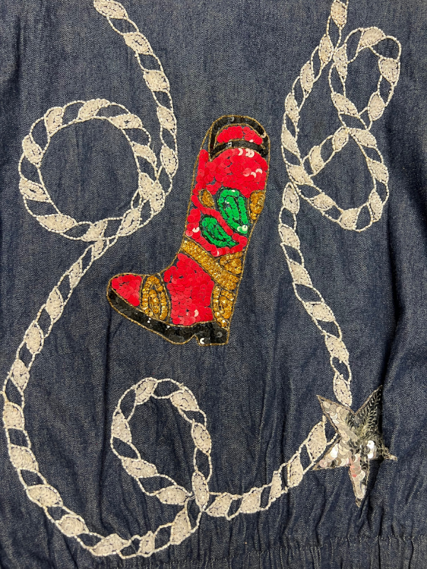 blue red white Felicity by Harrison Morgan sequin pony core denim button up, L