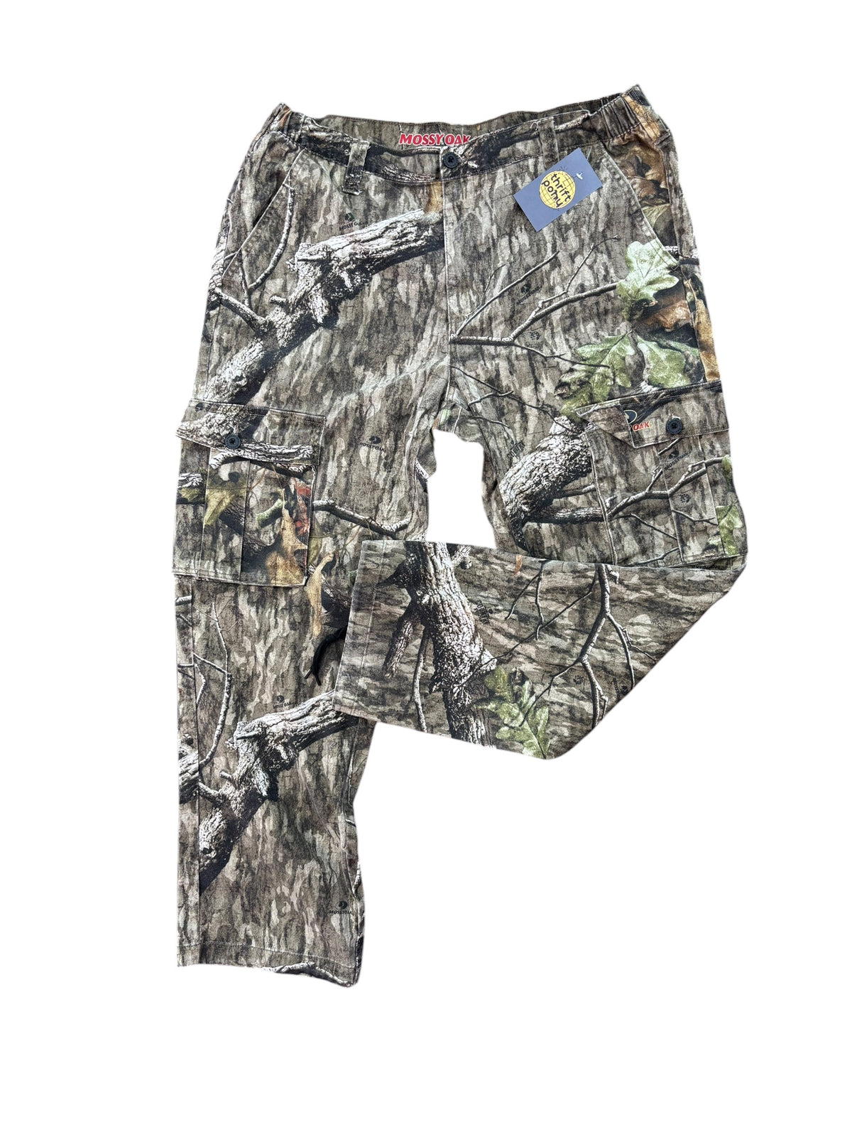 green brown mossy oak wide leg camo pants, L