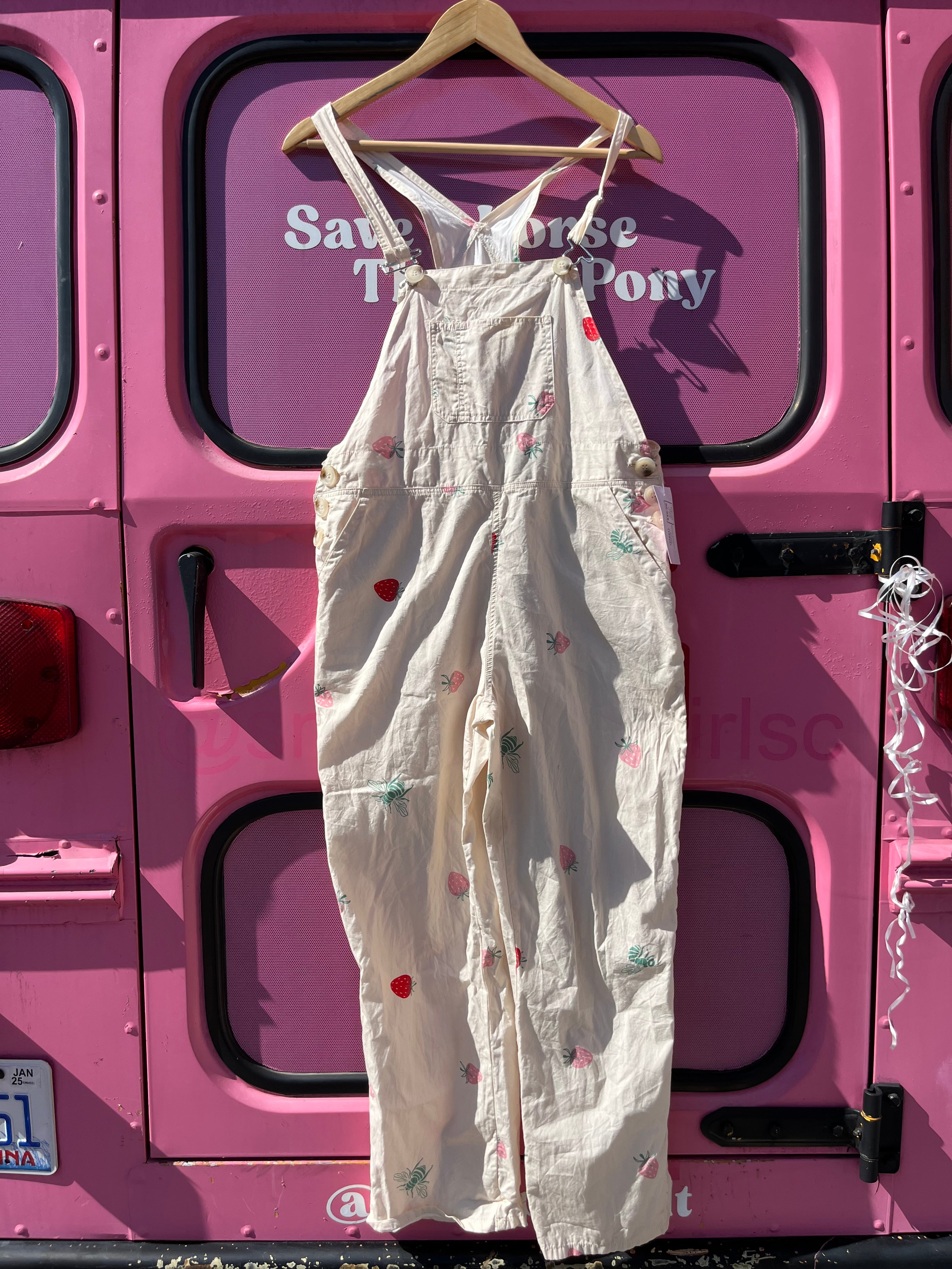 beige pink saint geraldine strawberry overalls, xs