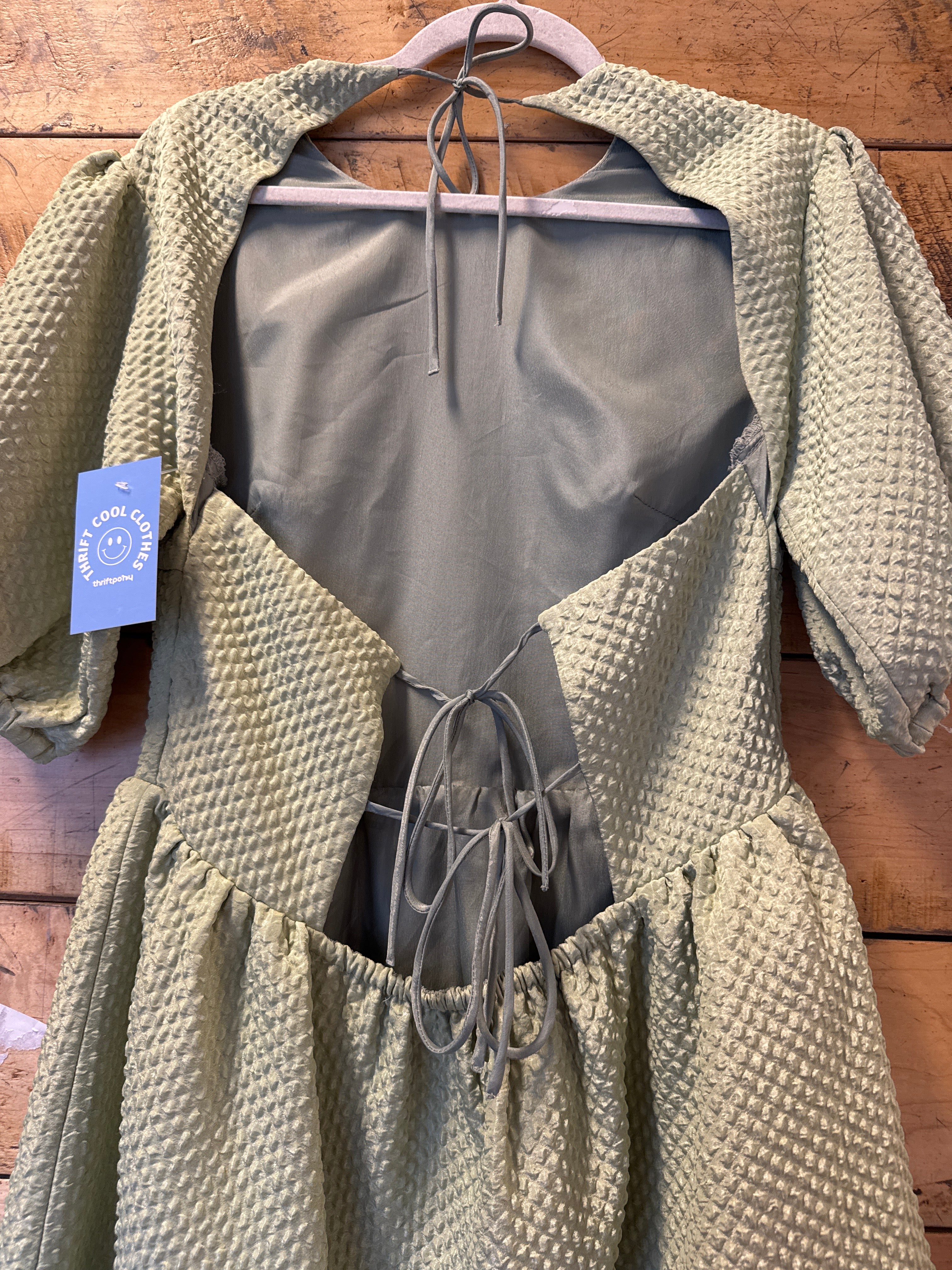 green Glamorous open back textured balloon sleeve dress, s