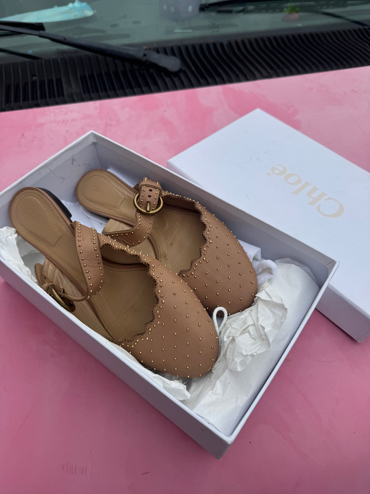 tan gold chloe studded slip on mary jane flats, 36.5