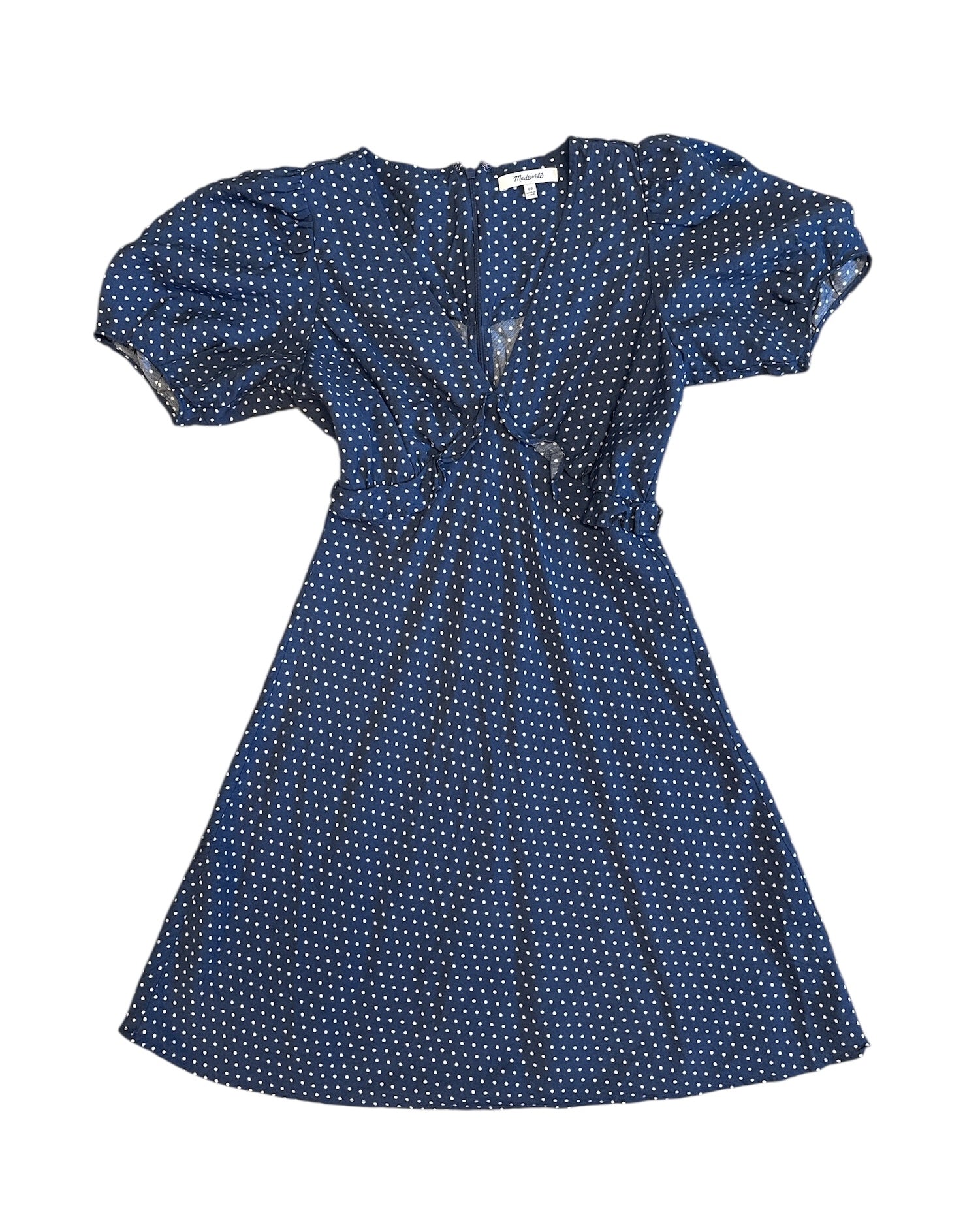 blue whtie madewell polka dot bustier ruffle dress, 00