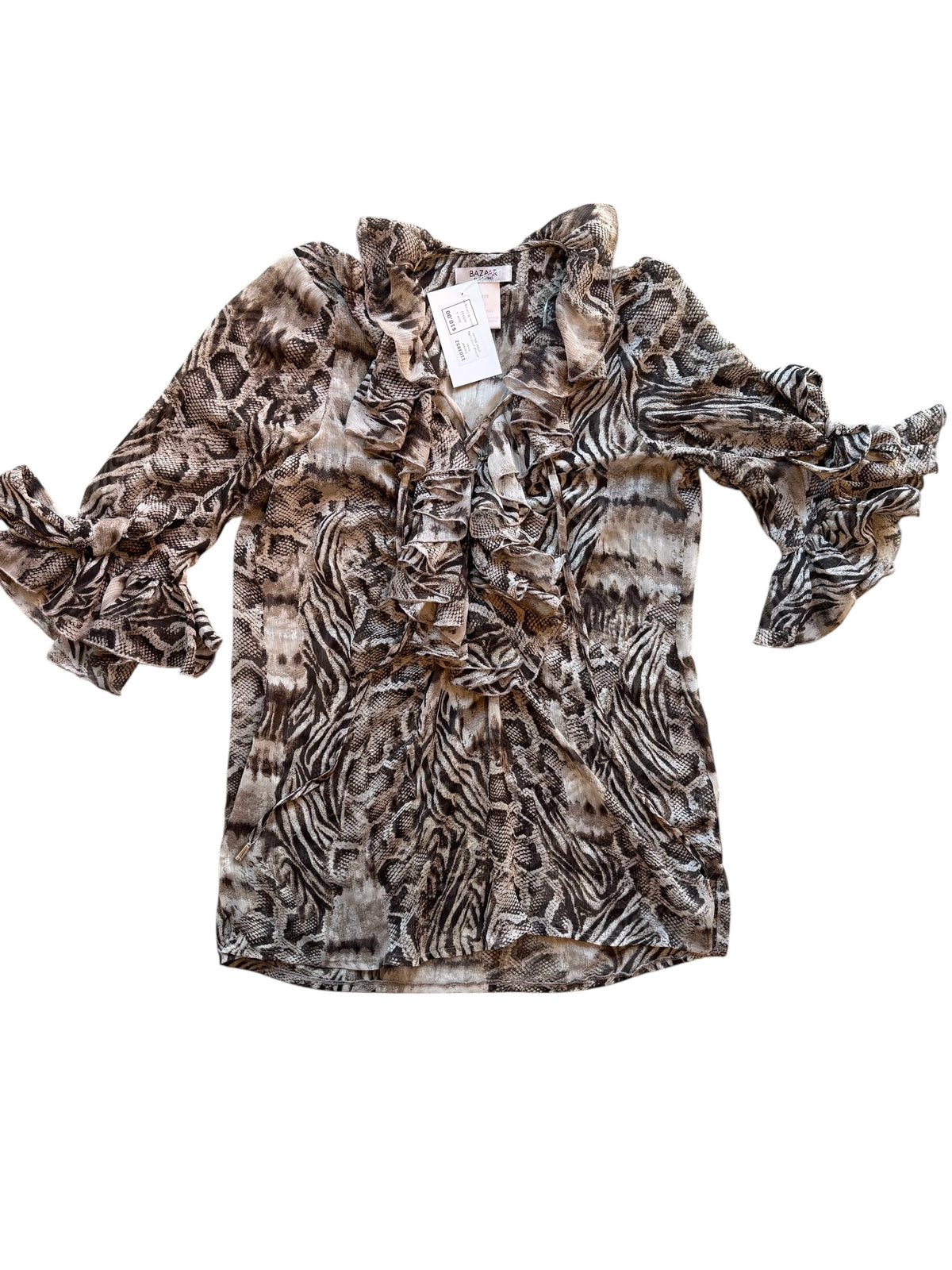 brown bazaar animal print ruffle sheer blouse, L