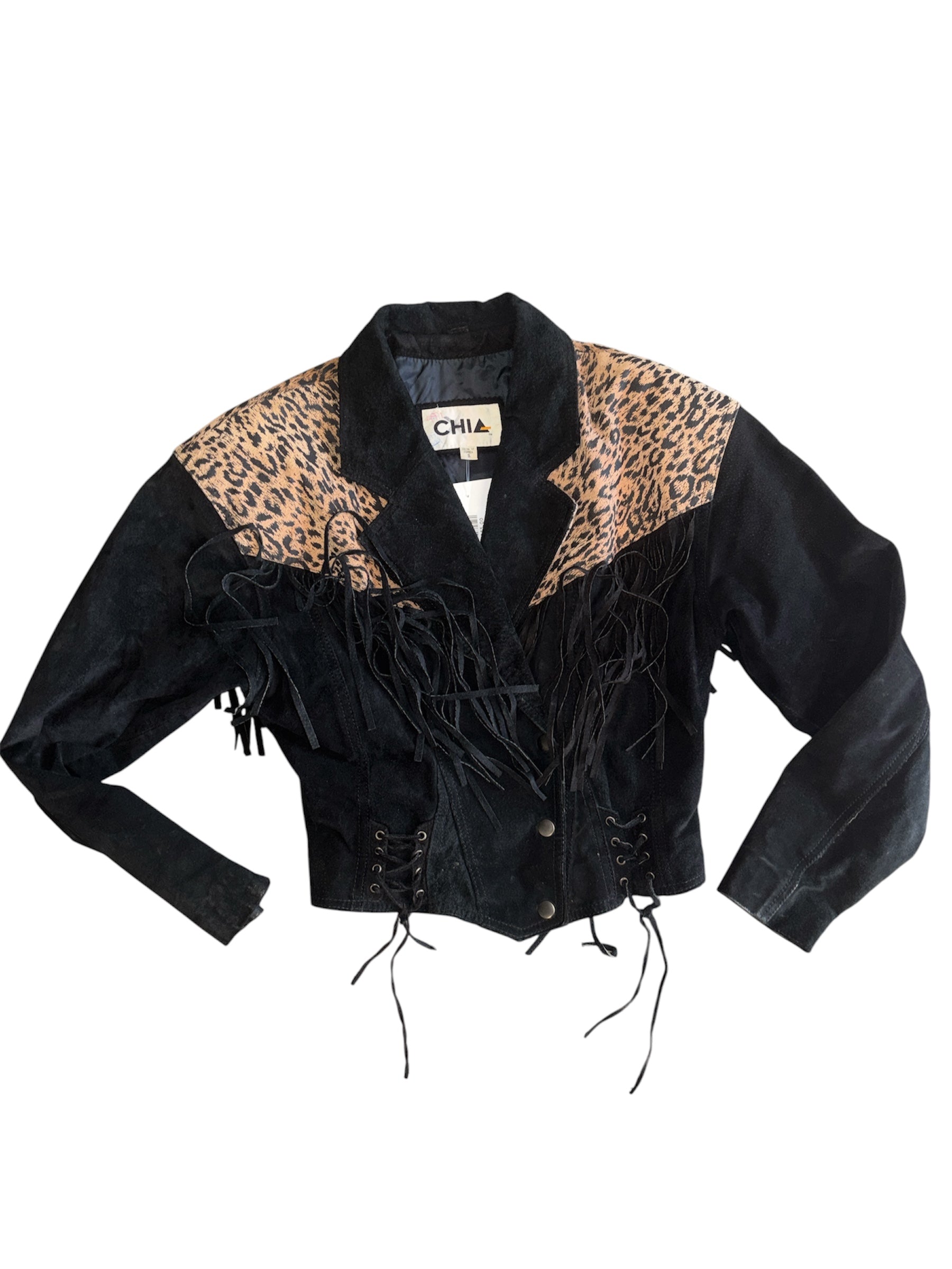 black brown chia vtg suede fringe cheetah jacket, s