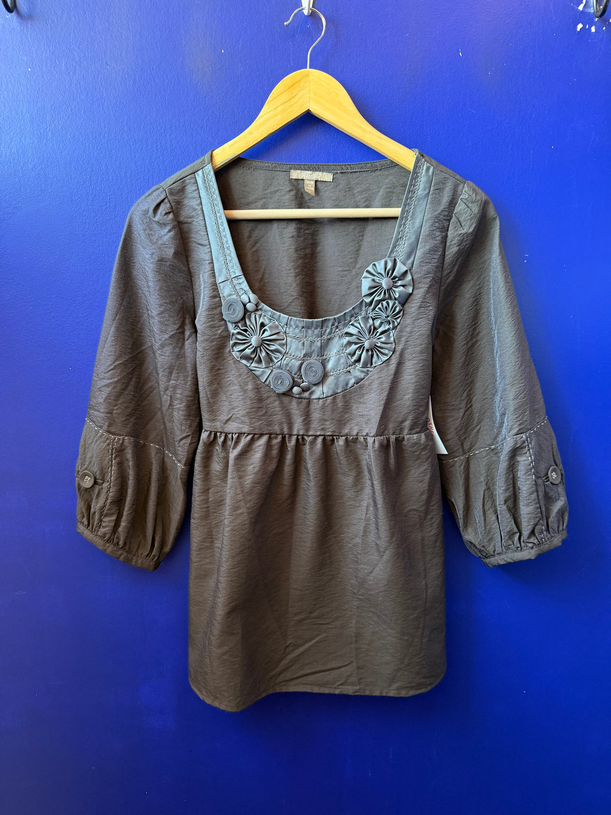 brown miss me babydoll ls ribbon top, l