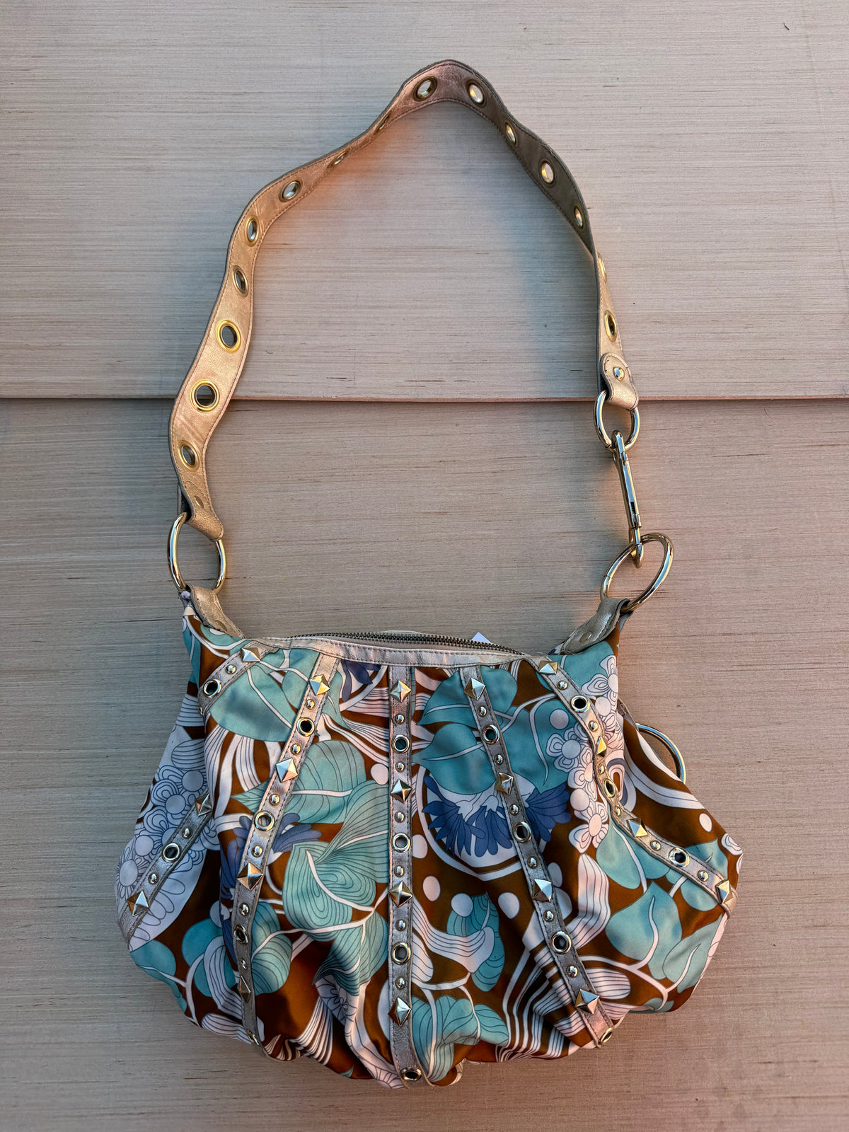 brown teal kathy y2k patterned purse w studs