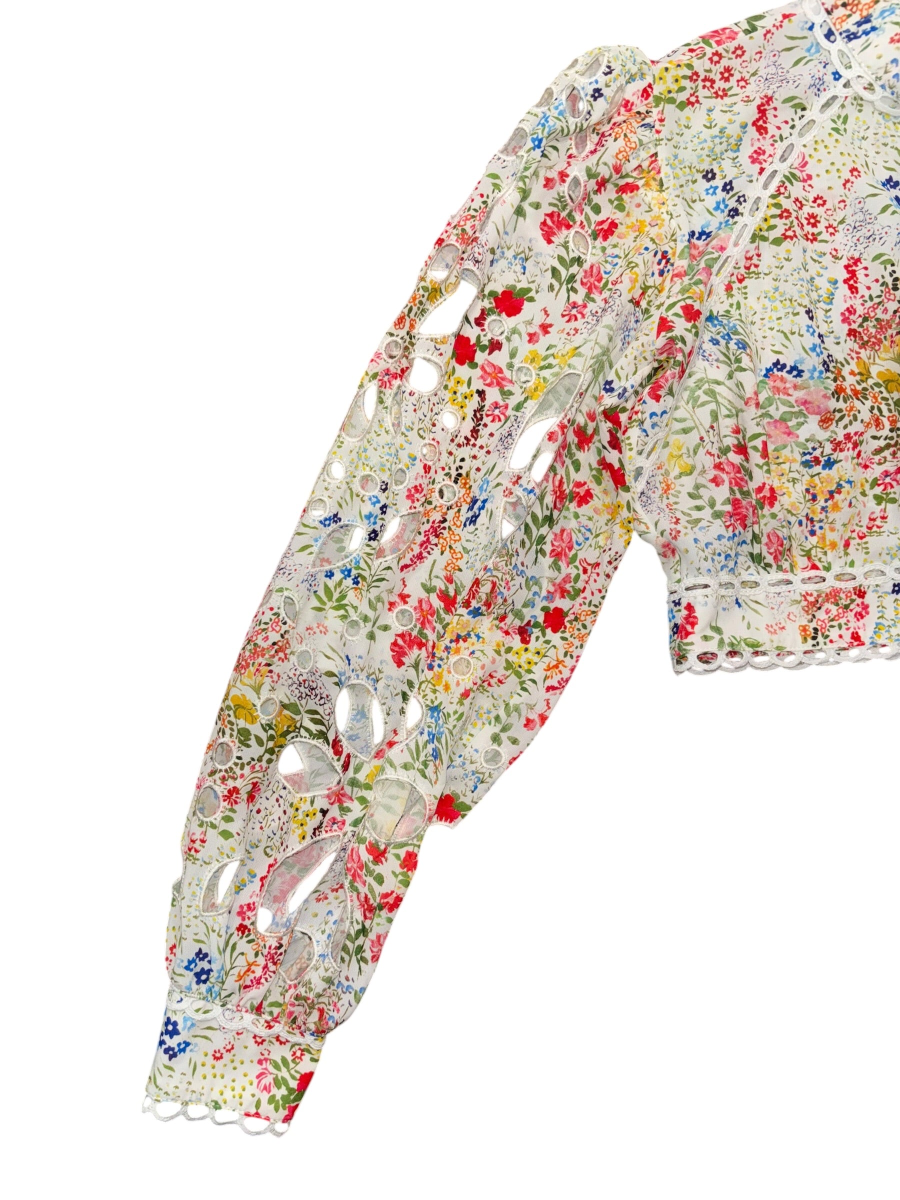 White blue yellow pink Aisa Floral eyelet puff sleeve blouse, Eu 34