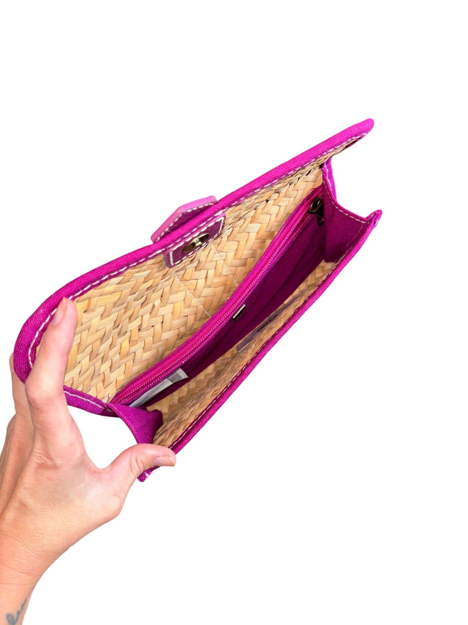 tan purple gap woven clutch