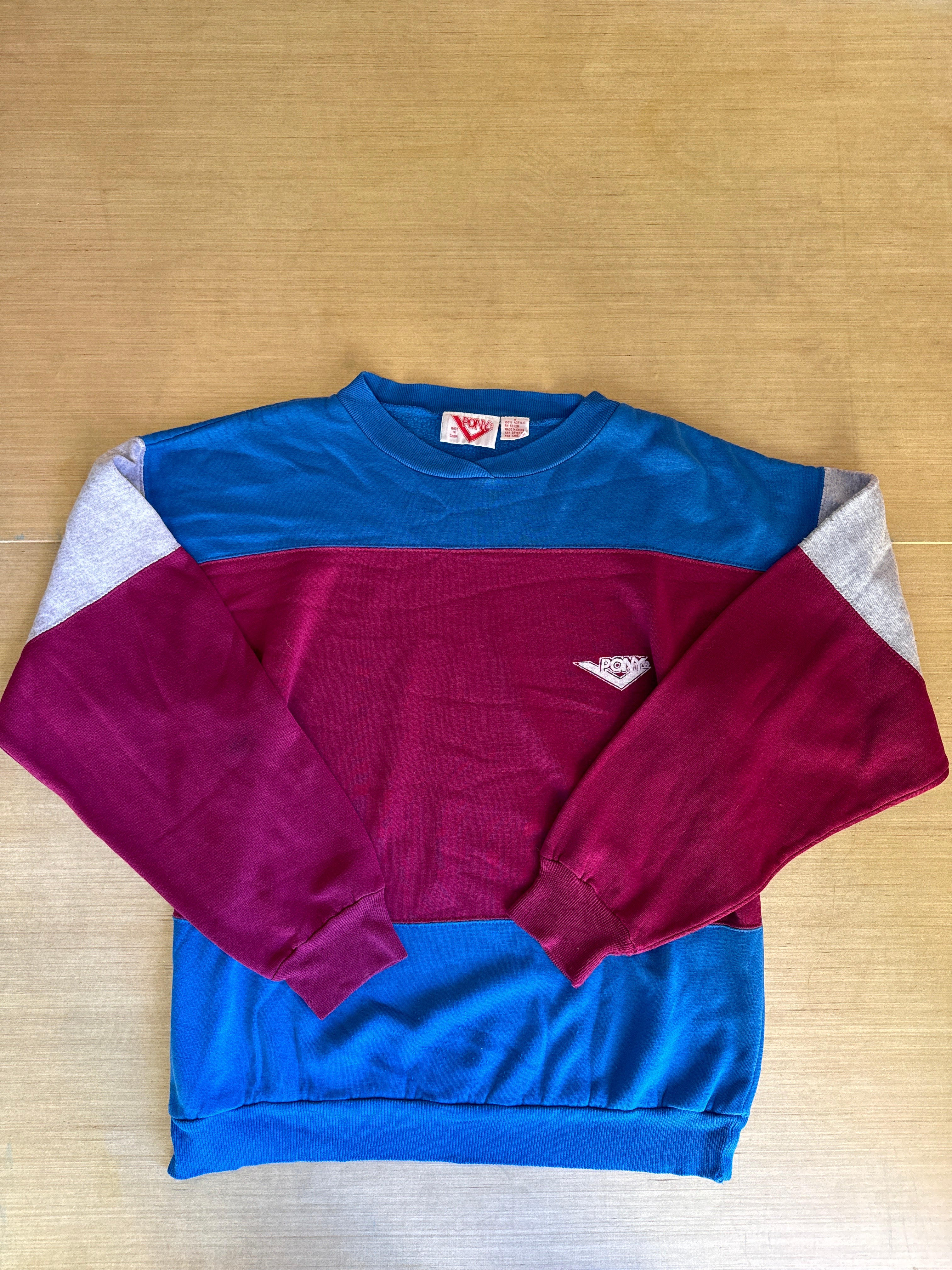 blue magenta pony vtg colorblock sweater, s