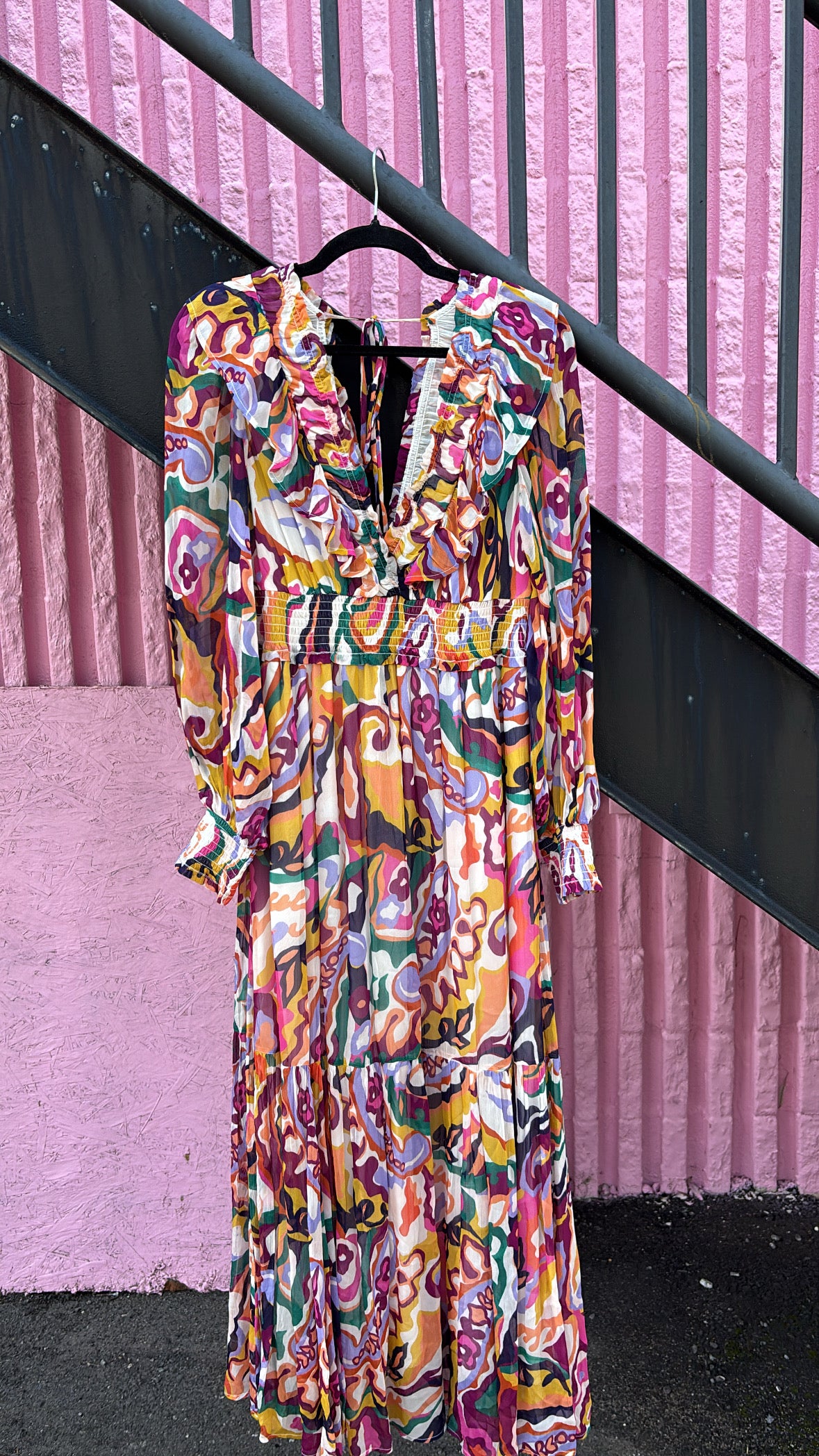pink green white anthropologie ls pattern vneck midi dress, m