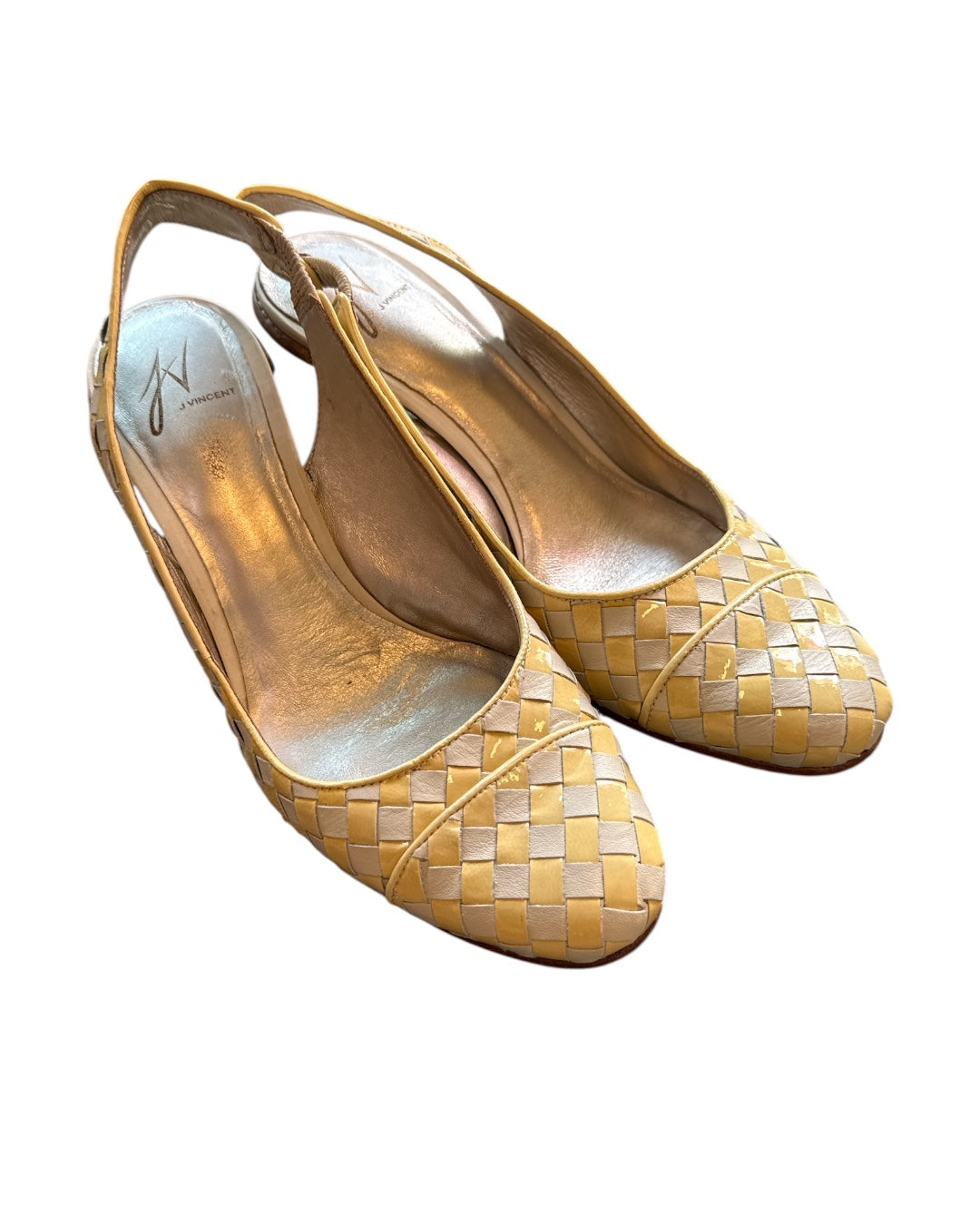 yellow white j vincent woven leather slingback heels, 7.5